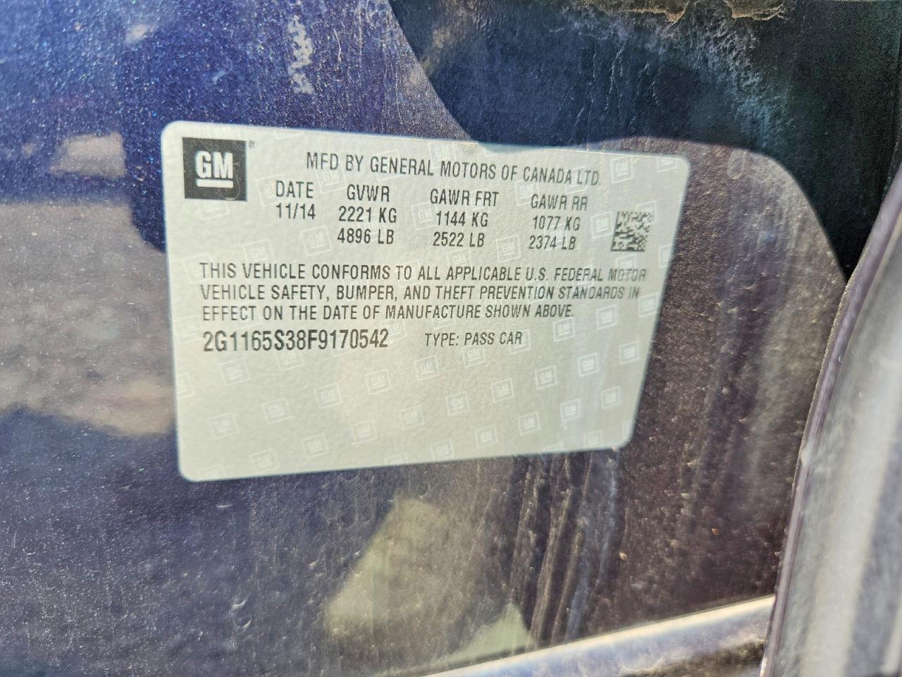 2015 Chevrolet Impala Ltz Blue vin: 2G1165S38F9170542