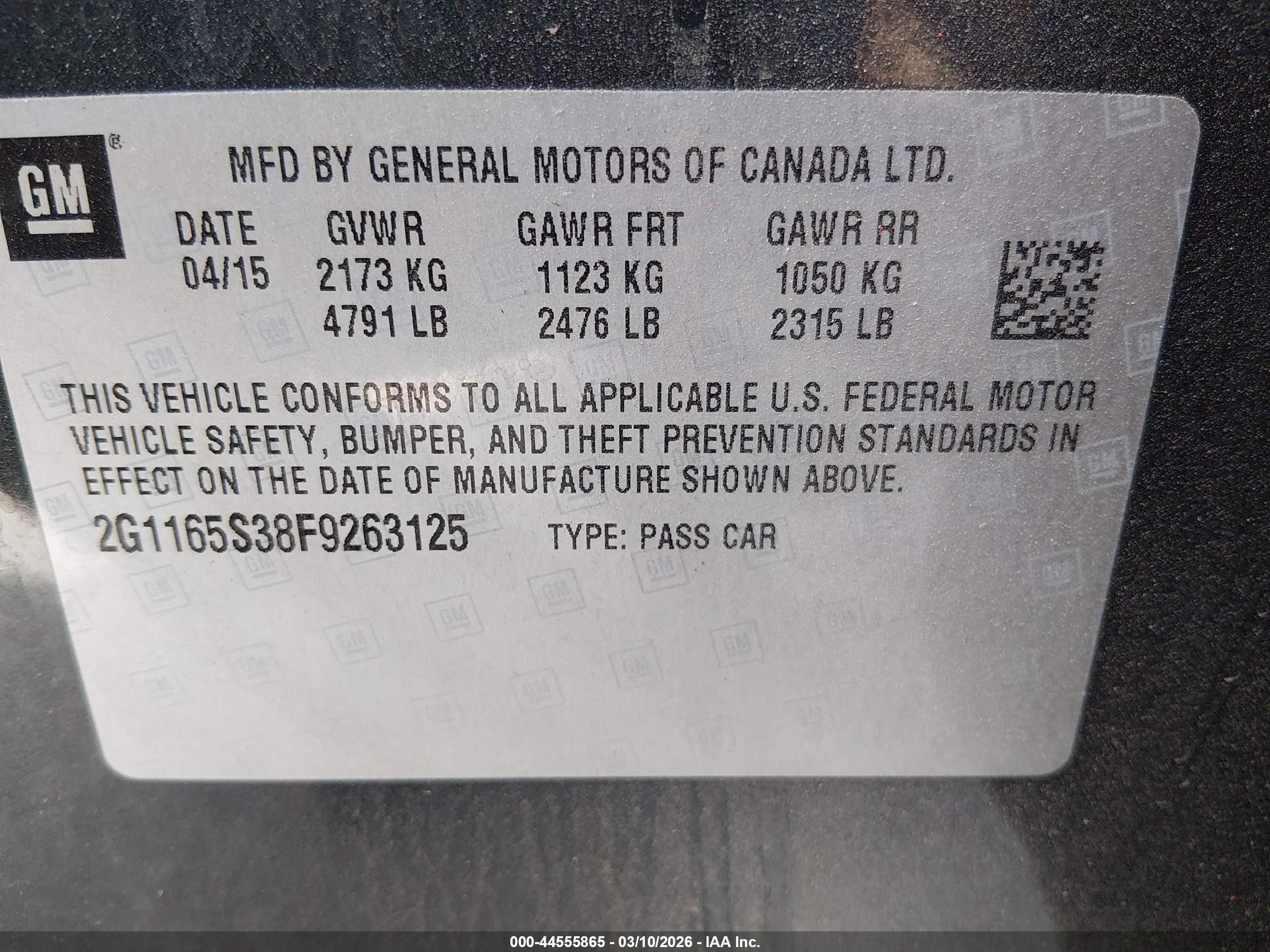 2015 Chevrolet Impala 2lz Black vin: 2G1165S38F9263125