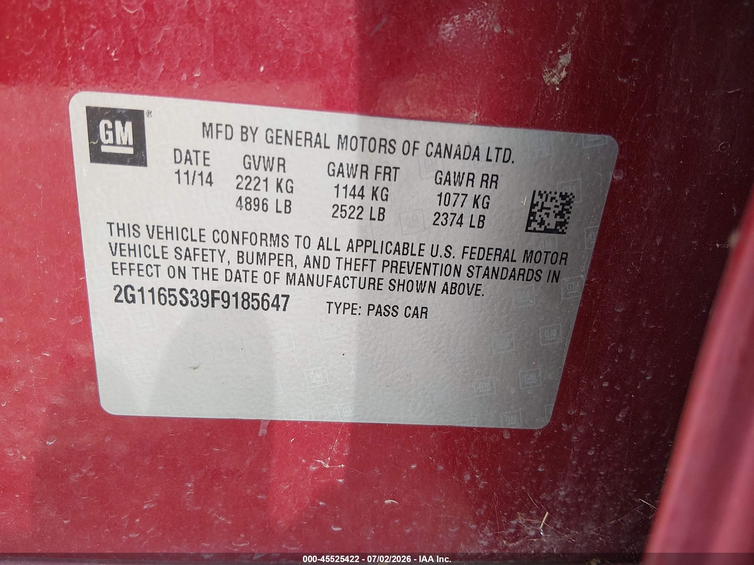 2015 Chevrolet Impala 2lz Red vin: 2G1165S39F9185647