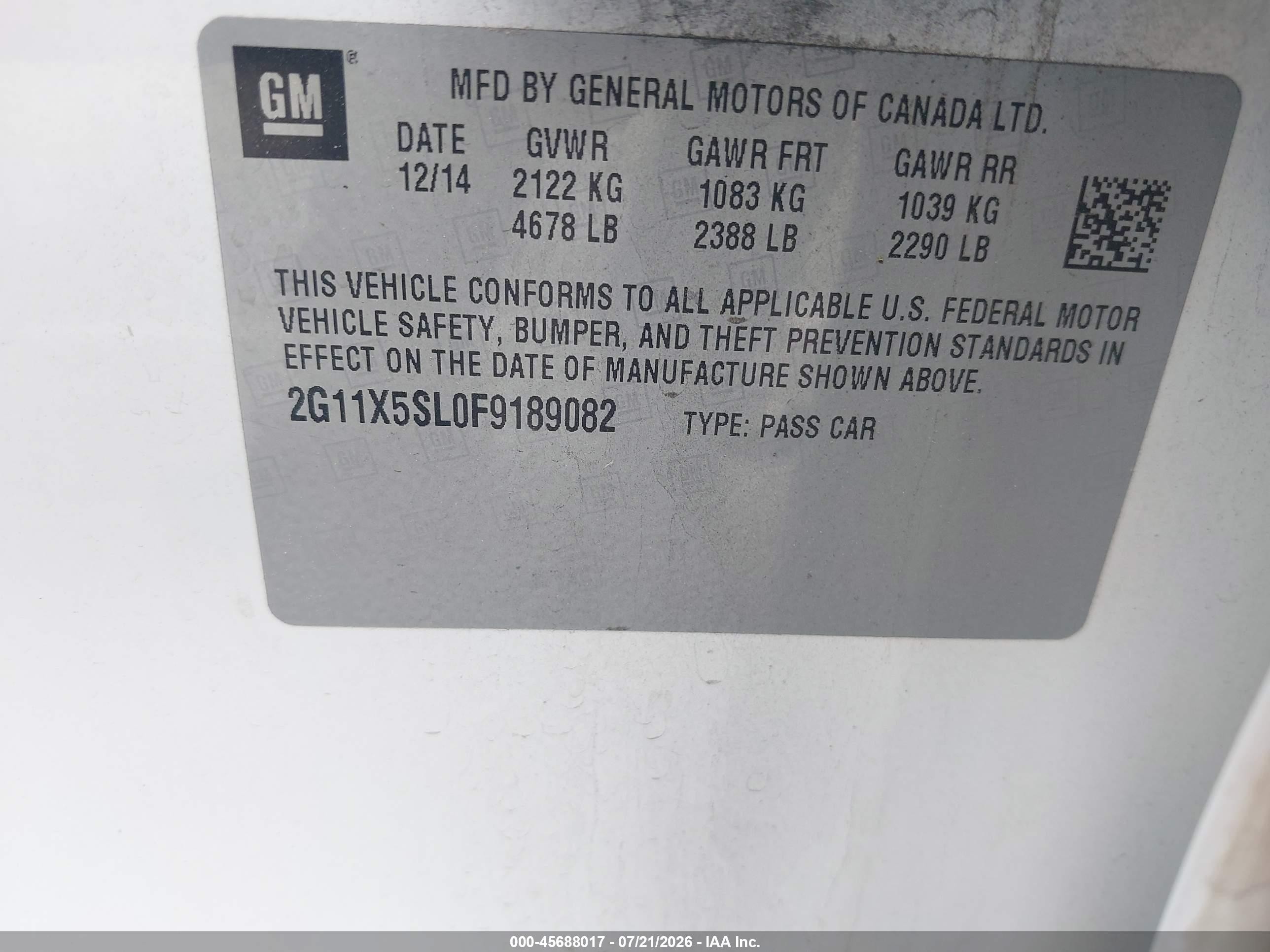 2015 Chevrolet Impala 1fl White vin: 2G11X5SL0F9189082