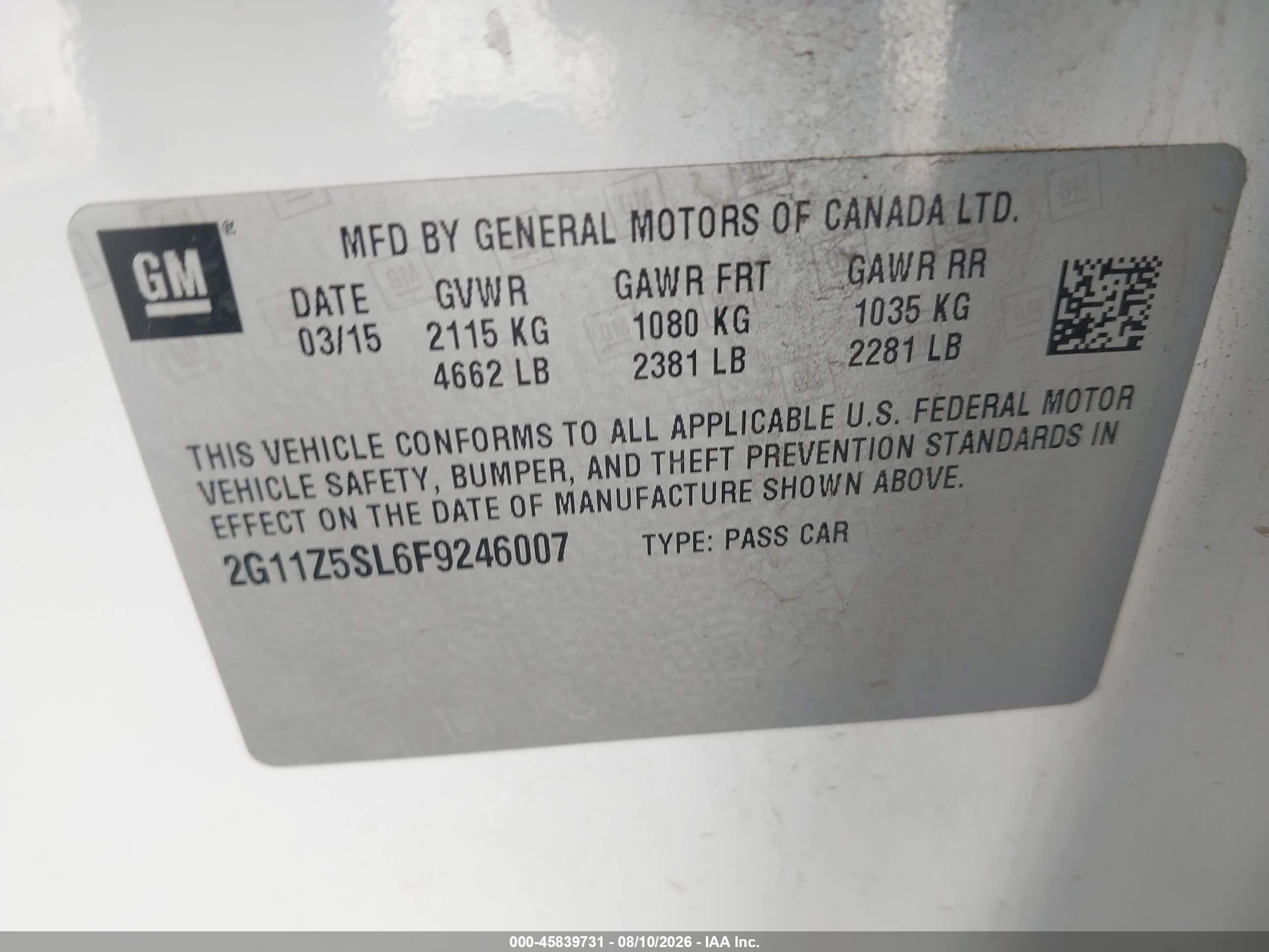 2015 Chevrolet Impala Ls White vin: 2G11Z5SL6F9246007