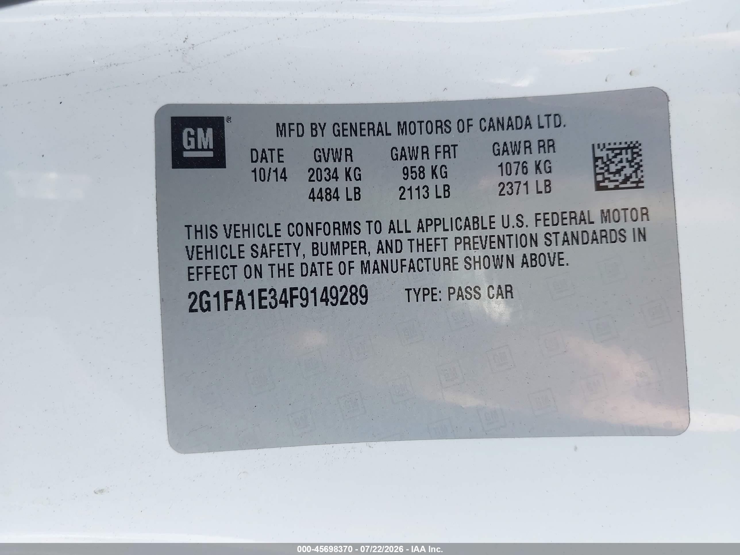 2015 Chevrolet Camaro 1ls Белый vin: 2G1FA1E34F9149289