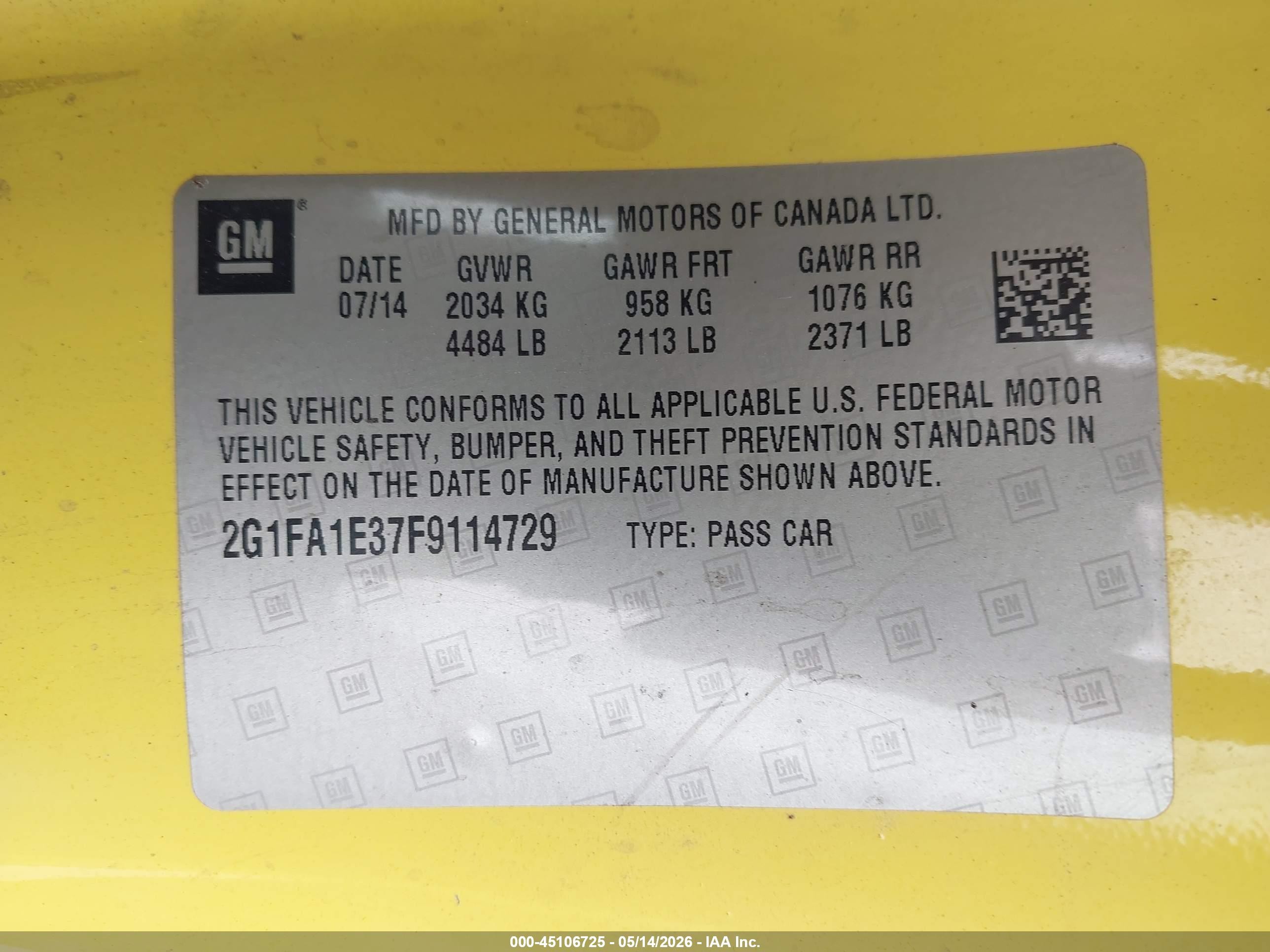 2015 Chevrolet Camaro 1ls Yellow vin: 2G1FA1E37F9114729
