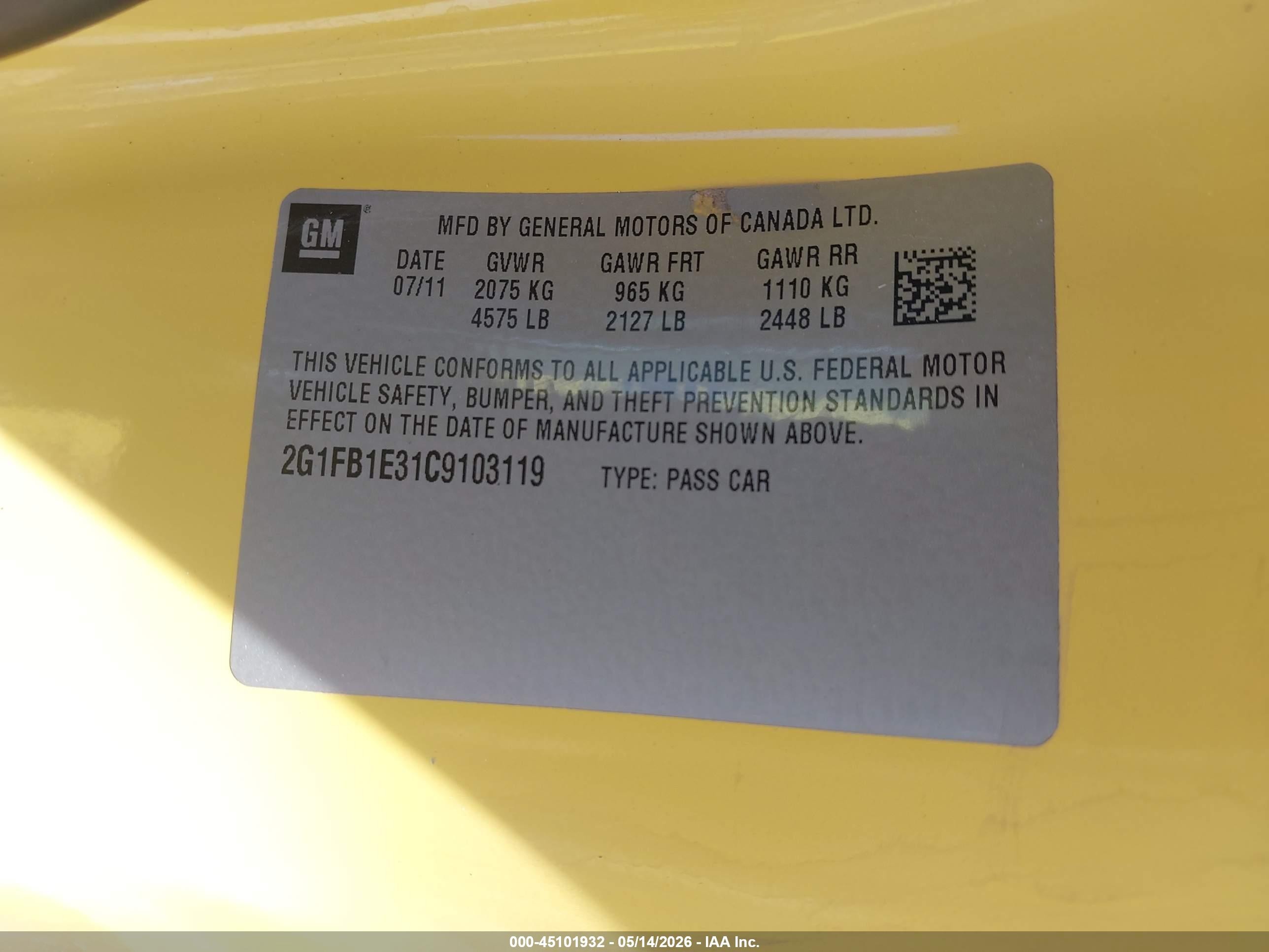 2012 Chevrolet Camaro 1lt Yellow vin: 2G1FB1E31C9103119