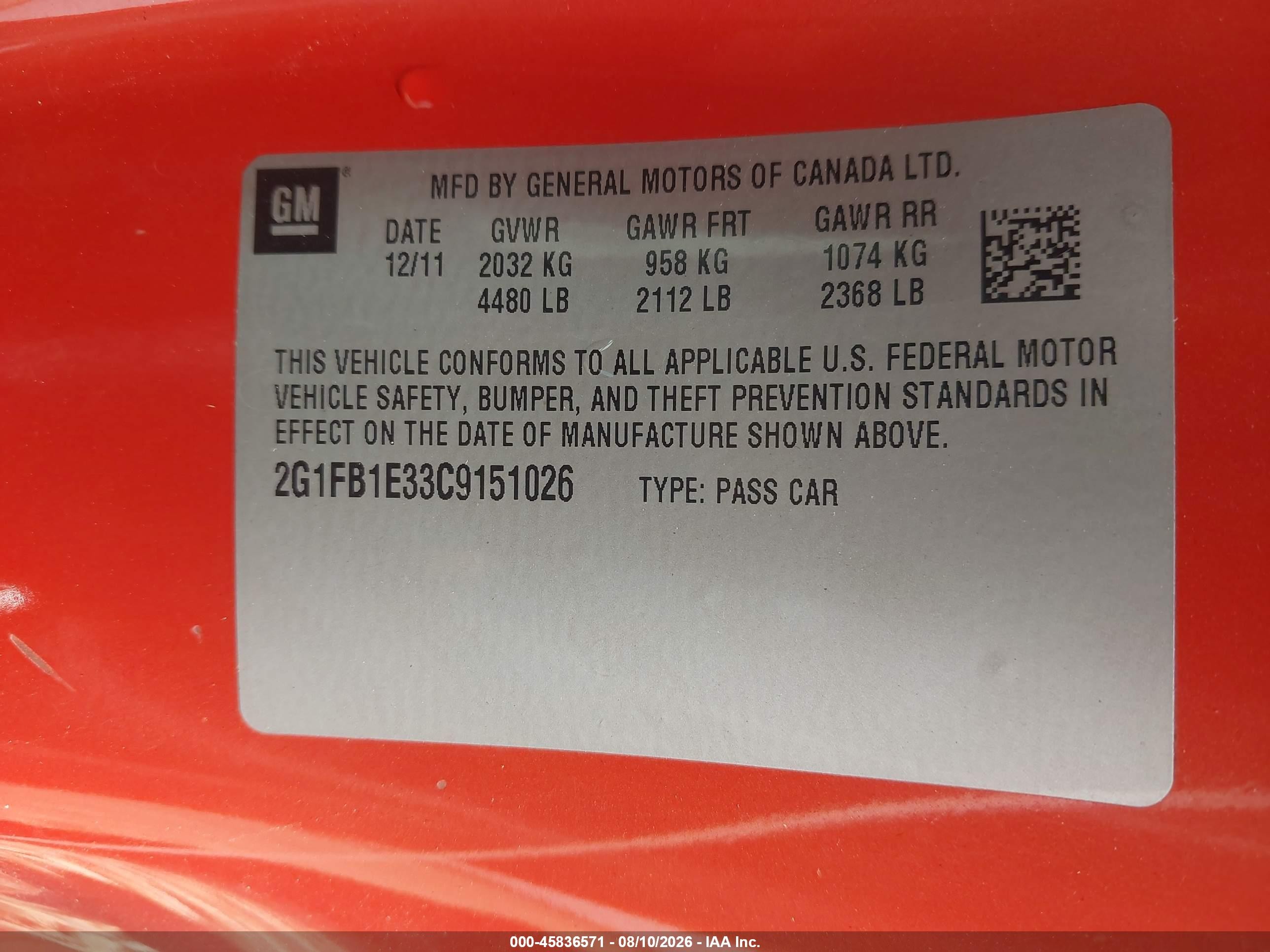 2012 Chevrolet Camaro 1lt Оранжевый vin: 2G1FB1E33C9151026