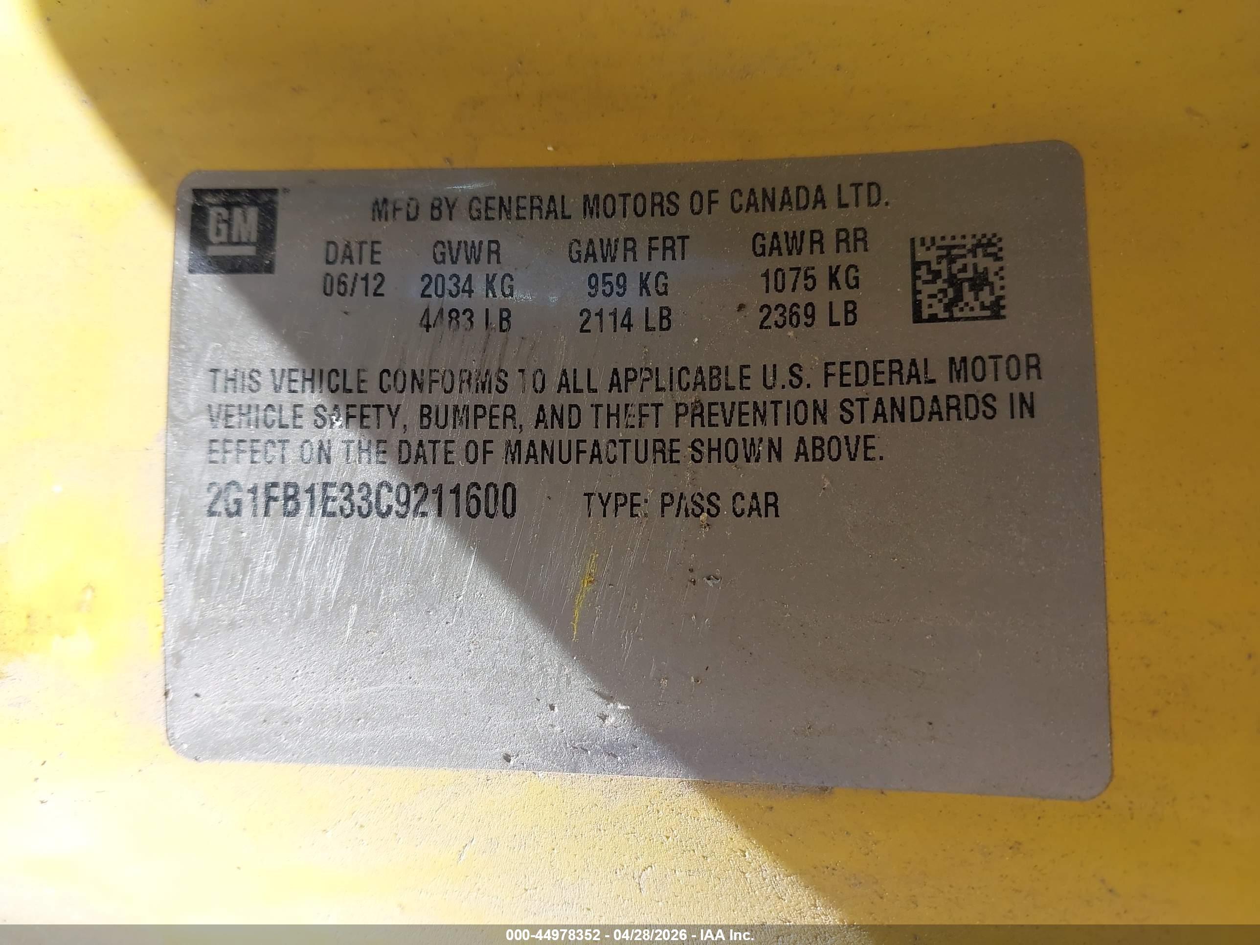 2012 Chevrolet Camaro 1lt Yellow vin: 2G1FB1E33C9211600