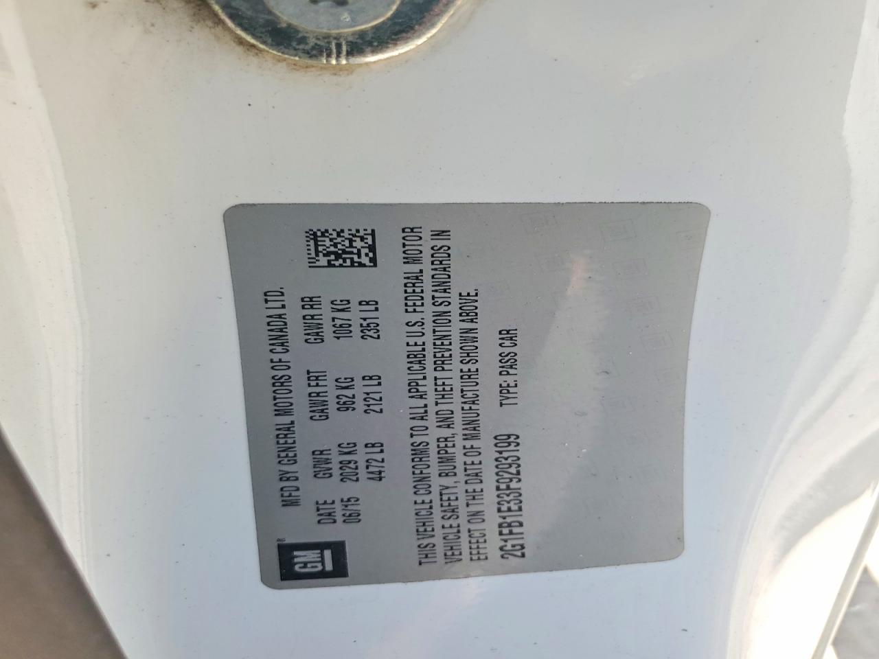 2015 Chevrolet Camaro Ls White vin: 2G1FB1E33F9293199