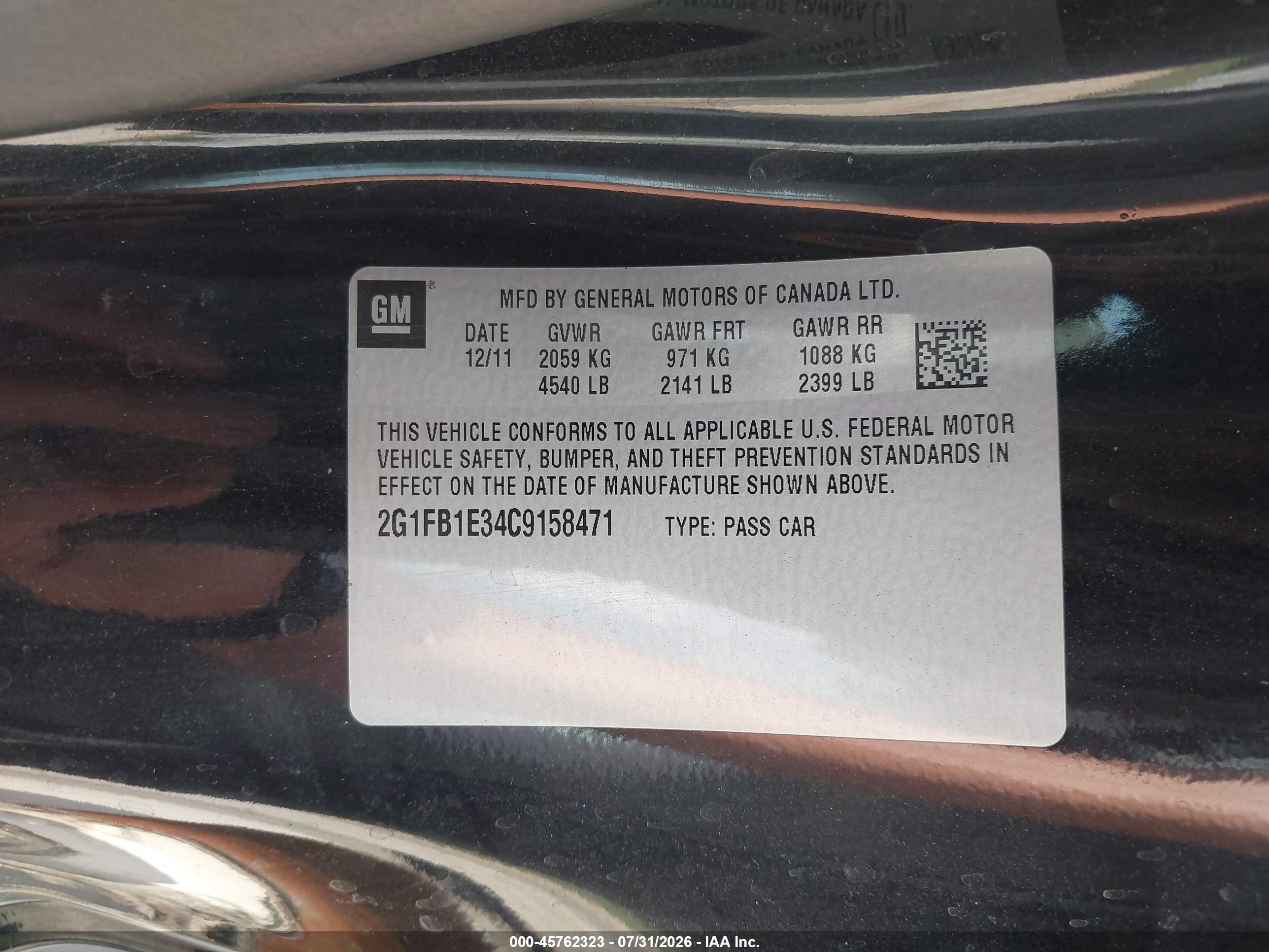 2012 Chevrolet Camaro 1lt Black vin: 2G1FB1E34C9158471