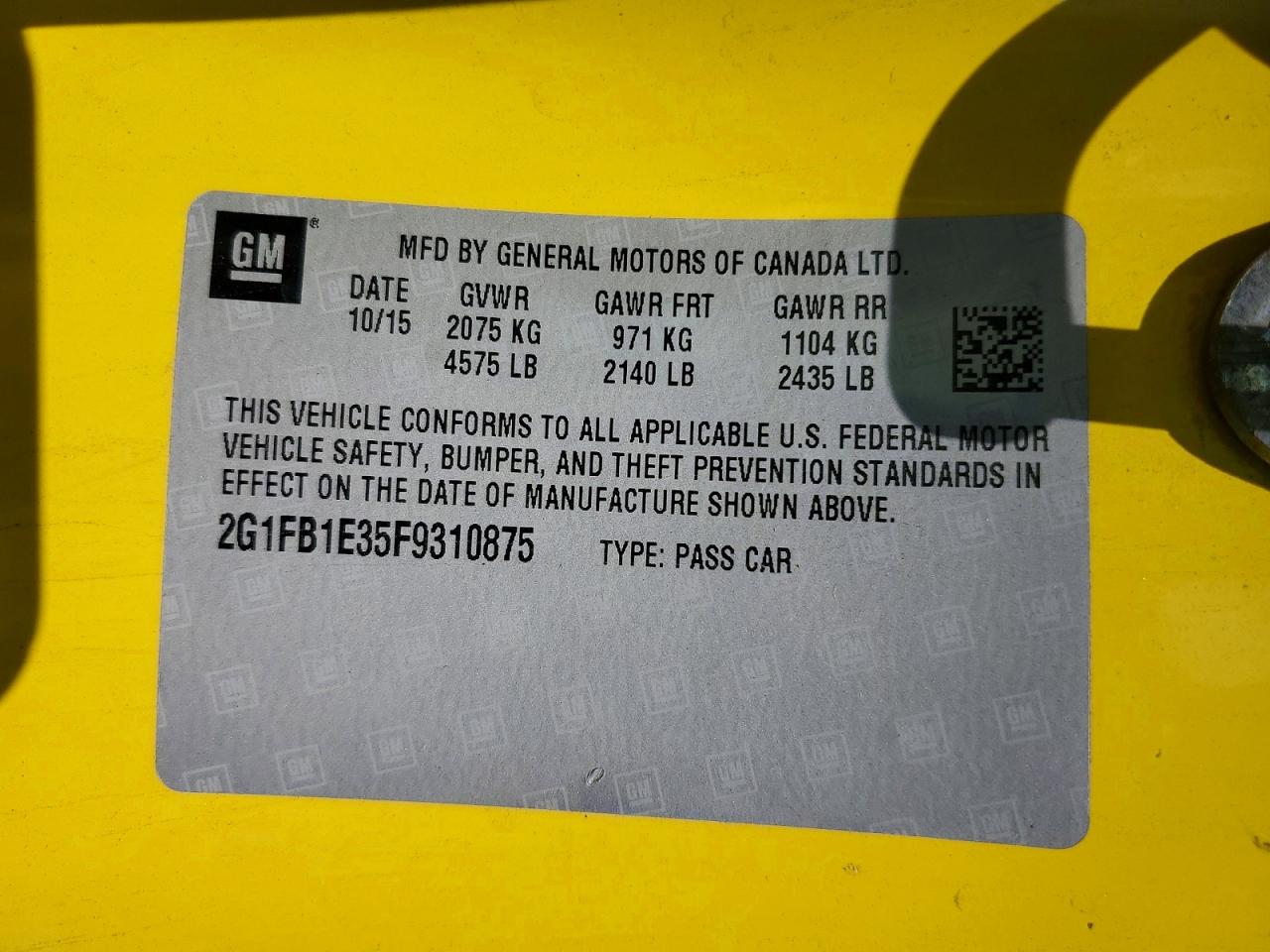 2015 Chevrolet Camaro Ls Yellow vin: 2G1FB1E35F9310875