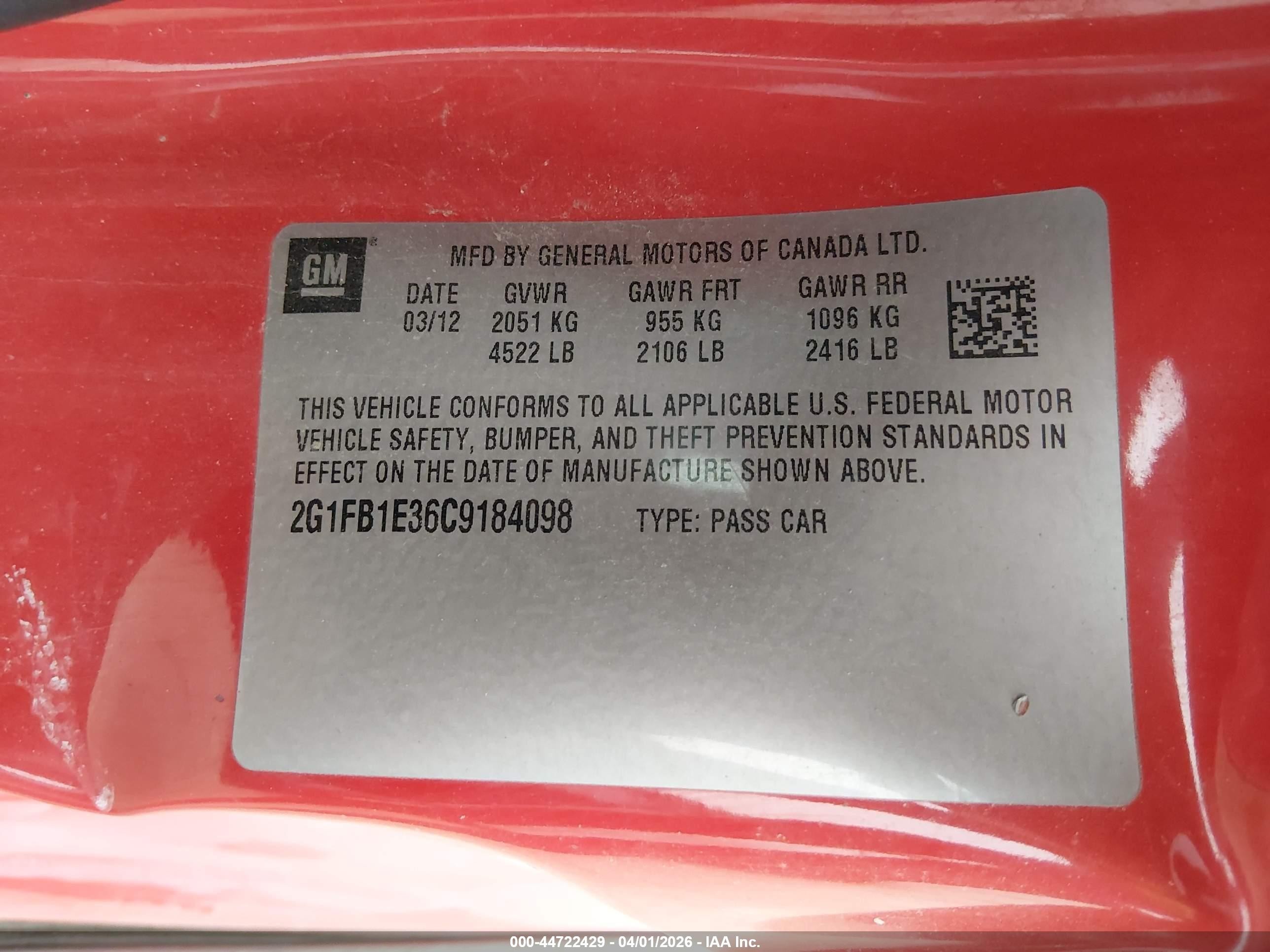 2012 Chevrolet Camaro 1lt Red vin: 2G1FB1E36C9184098