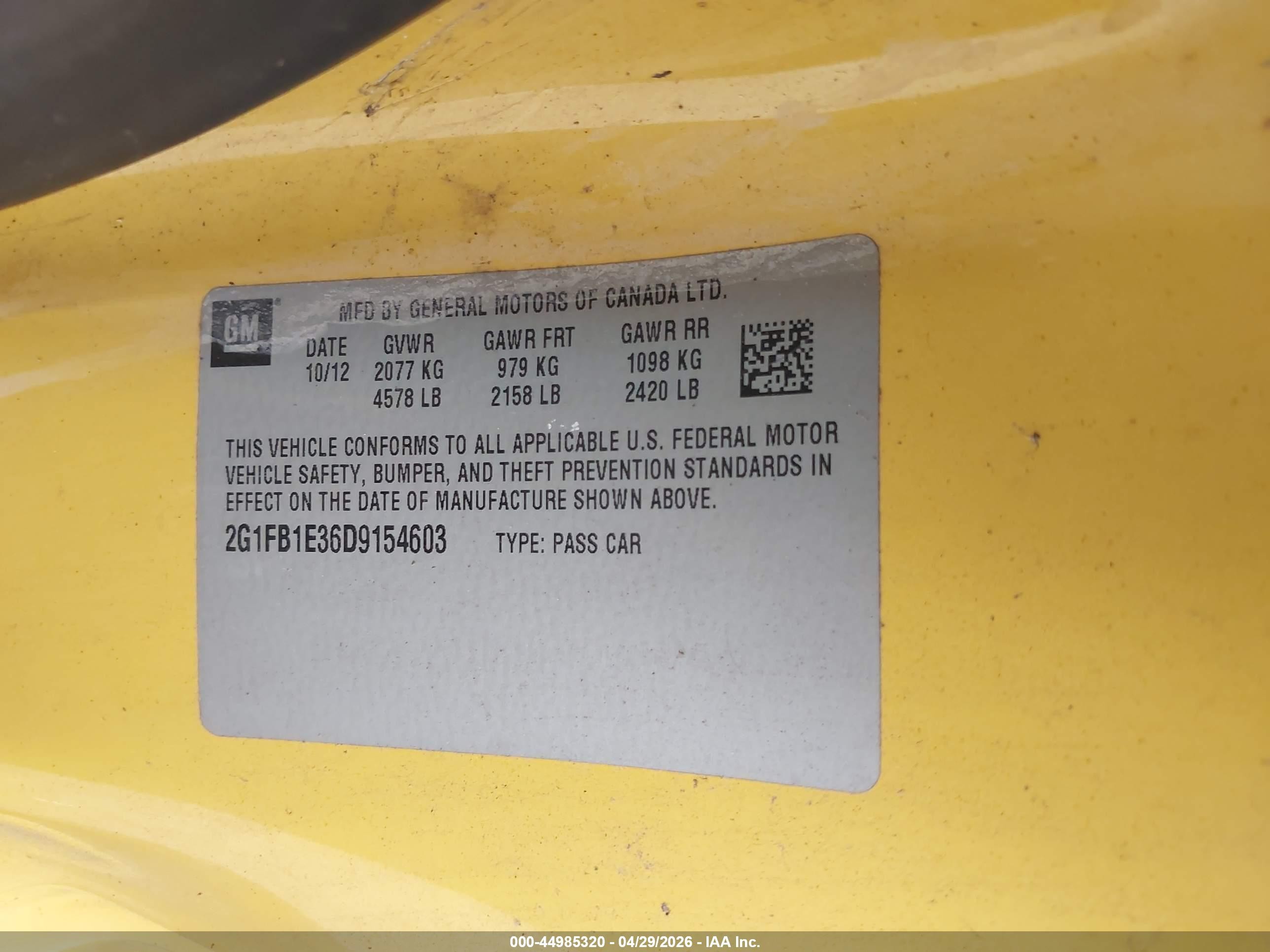 2013 Chevrolet Camaro 1lt Yellow vin: 2G1FB1E36D9154603