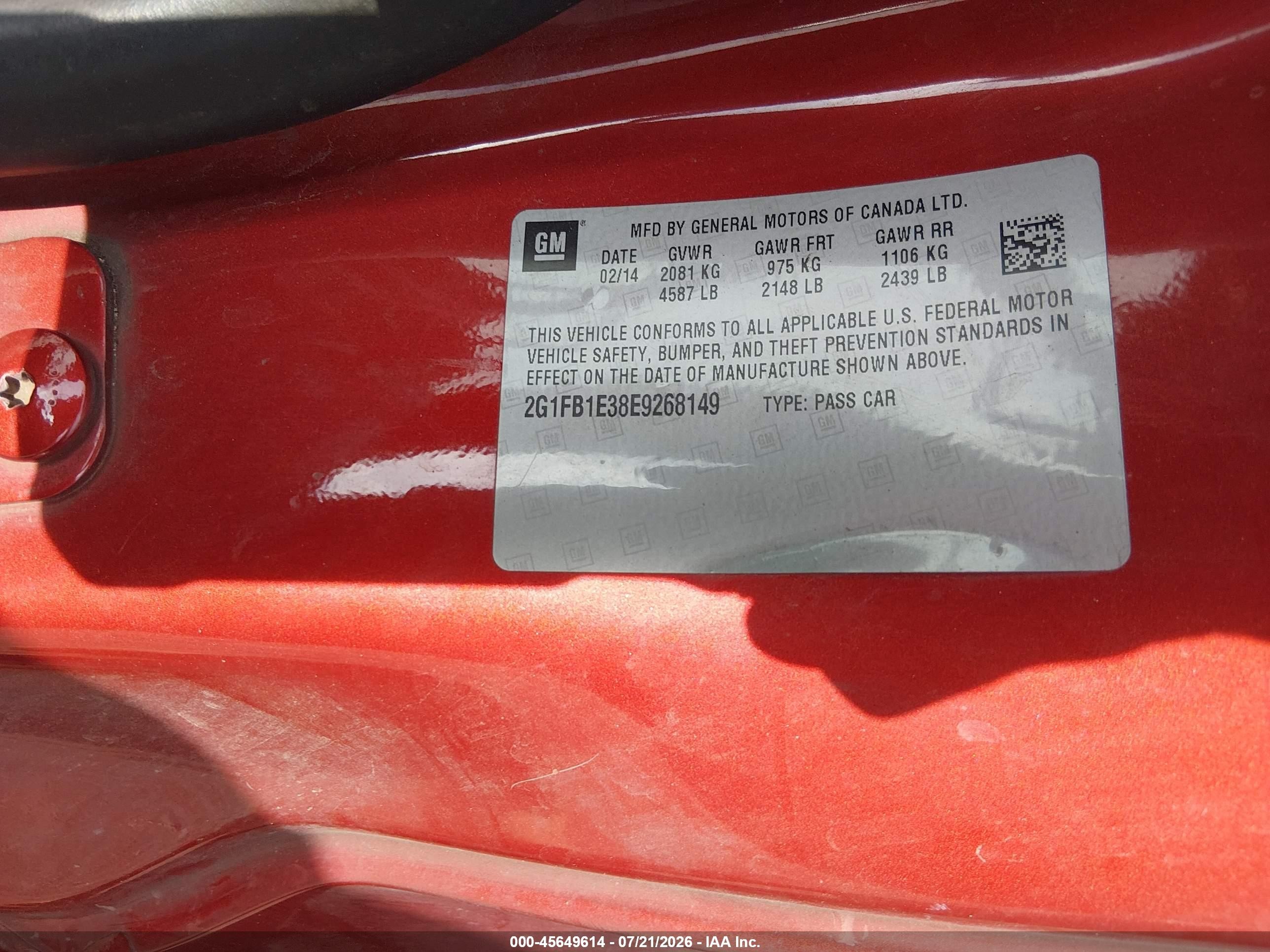 2014 Chevrolet Camaro 1lt Red vin: 2G1FB1E38E9268149