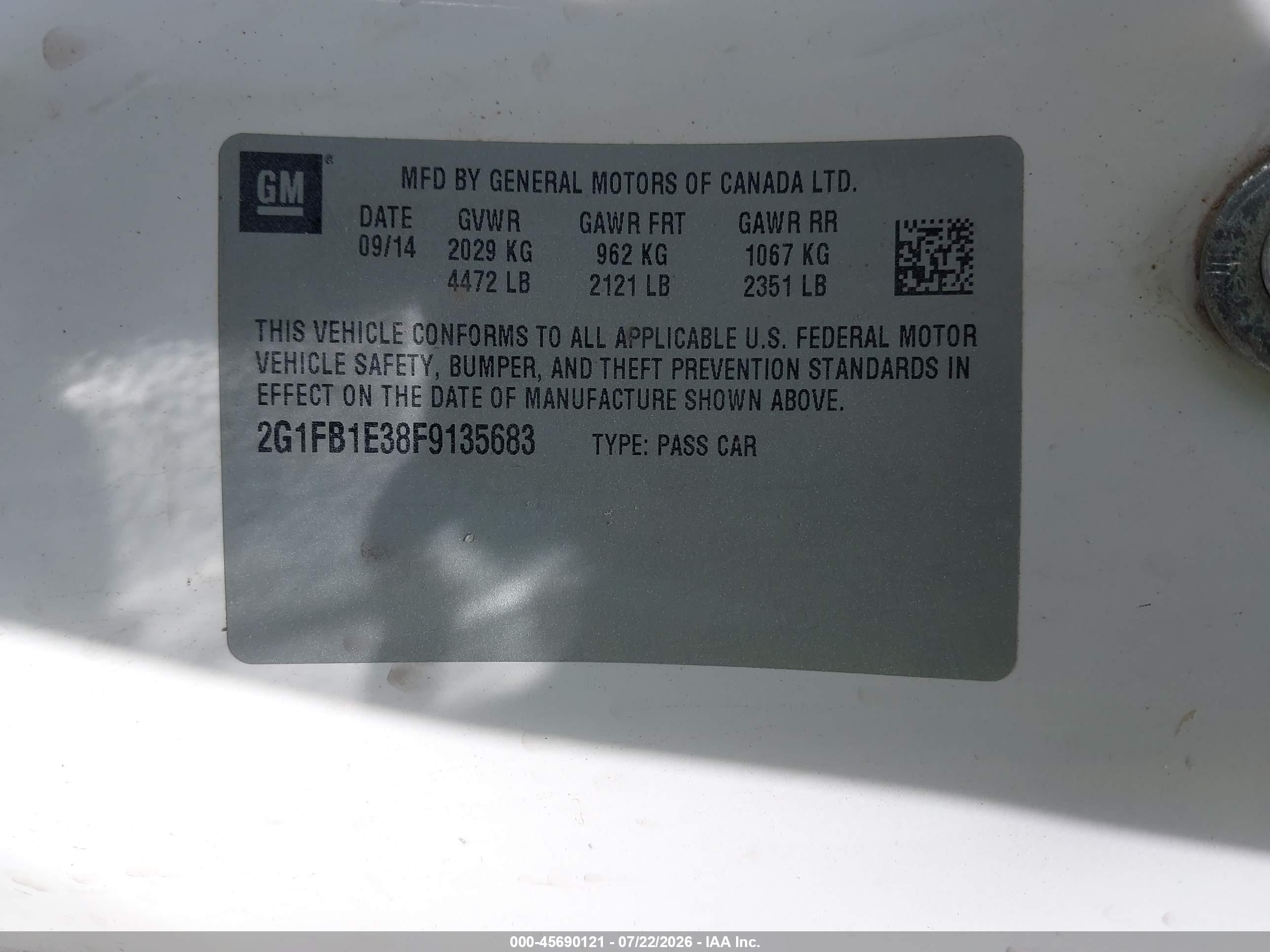 2015 Chevrolet Camaro 2ls White vin: 2G1FB1E38F9135683