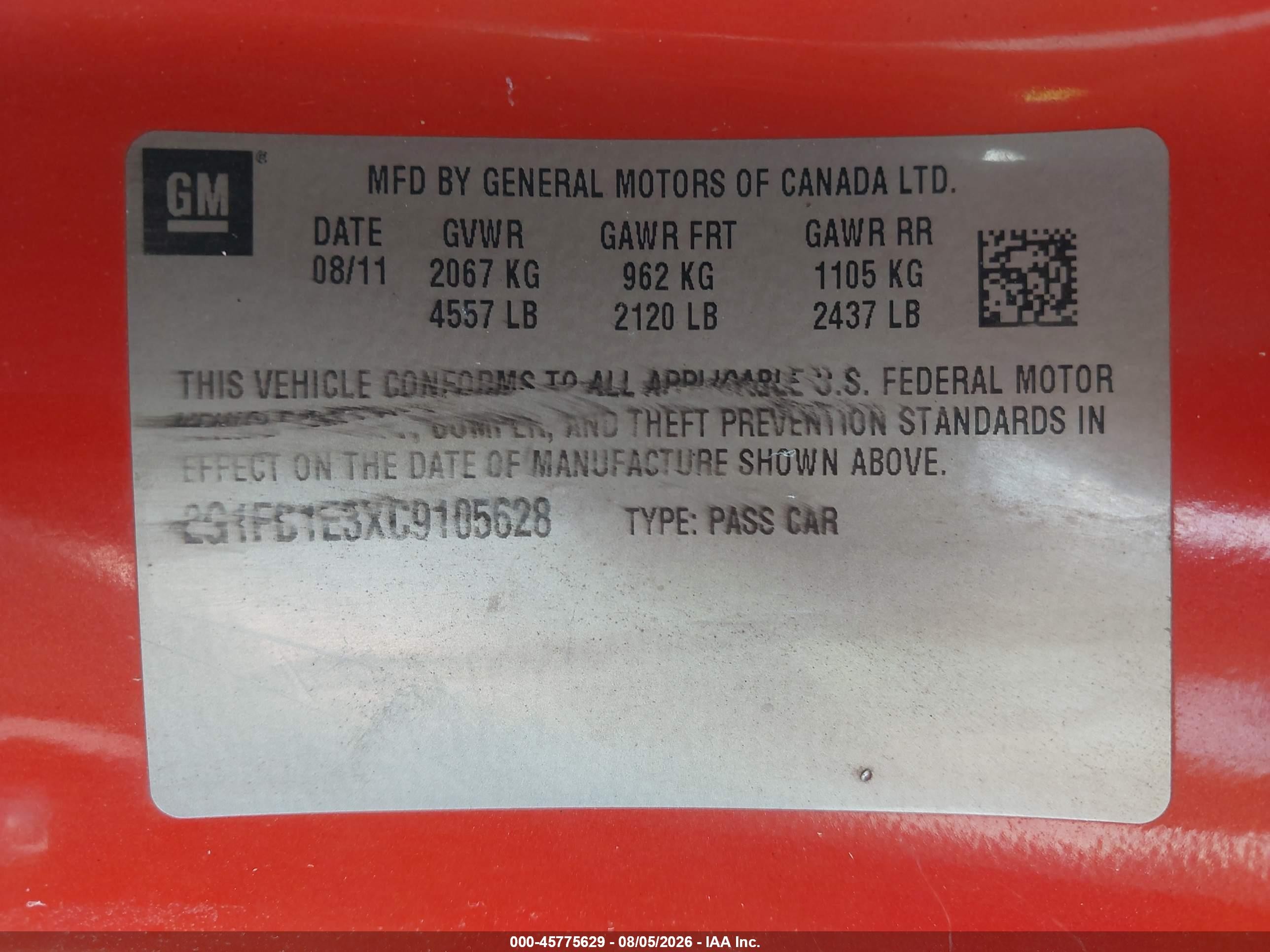 2012 Chevrolet Camaro 1lt Orange vin: 2G1FB1E3XC9105628