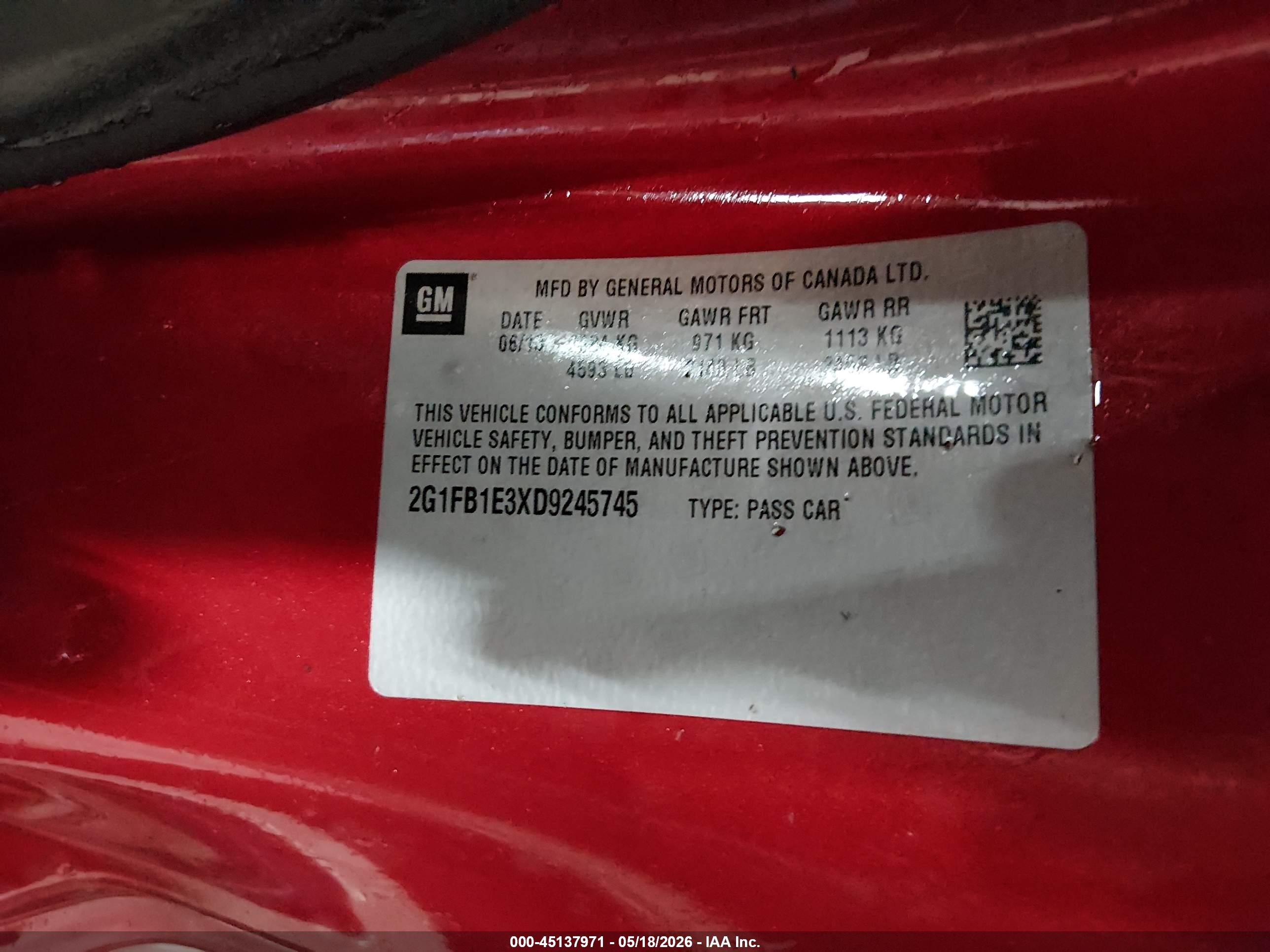 2013 Chevrolet Camaro 1lt Red vin: 2G1FB1E3XD9245745