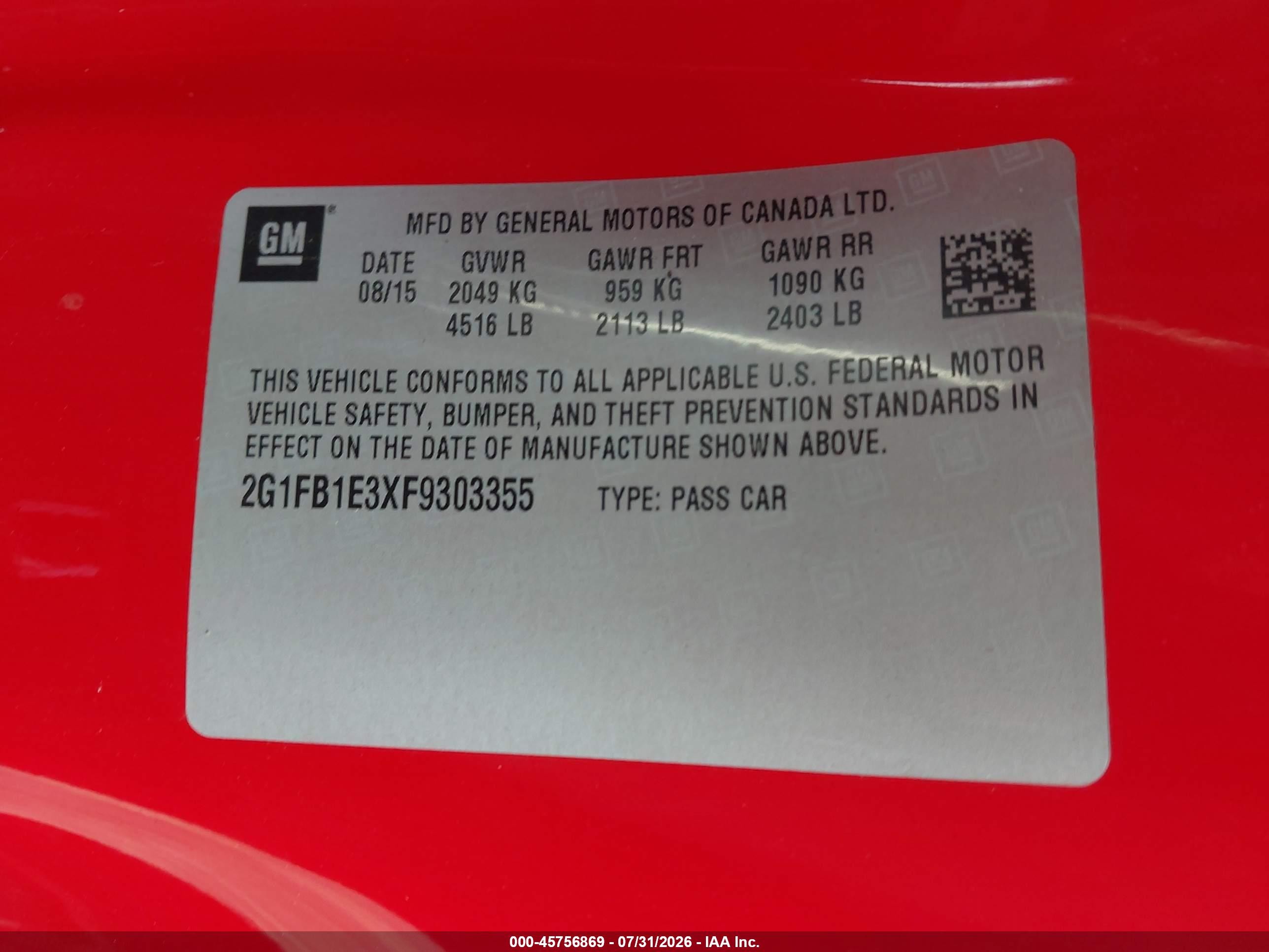 2015 Chevrolet Camaro 2ls Red vin: 2G1FB1E3XF9303355