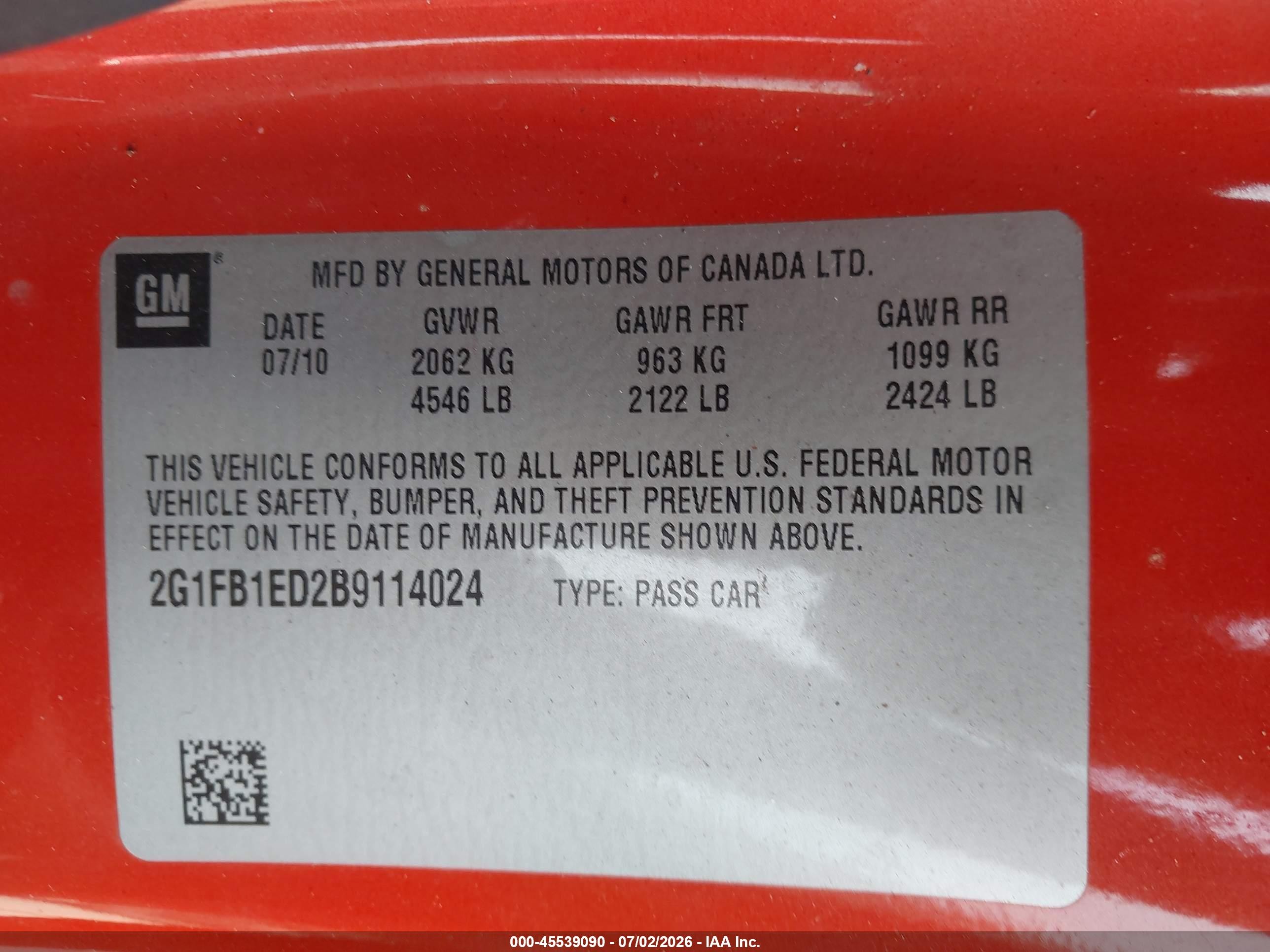 2011 Chevrolet Camaro 1lt Orange vin: 2G1FB1ED2B9114024