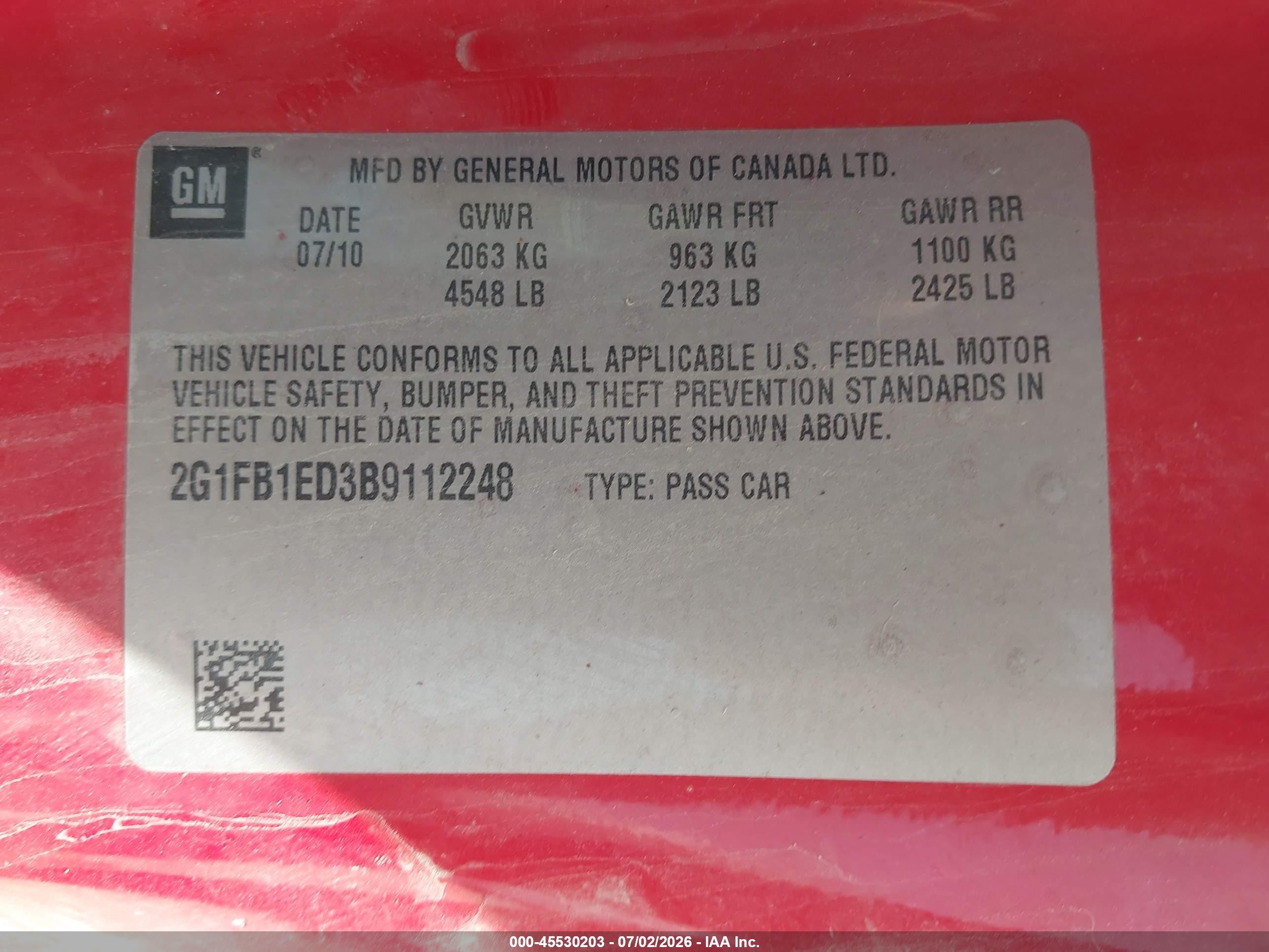 2011 Chevrolet Camaro 1lt Red vin: 2G1FB1ED3B9112248