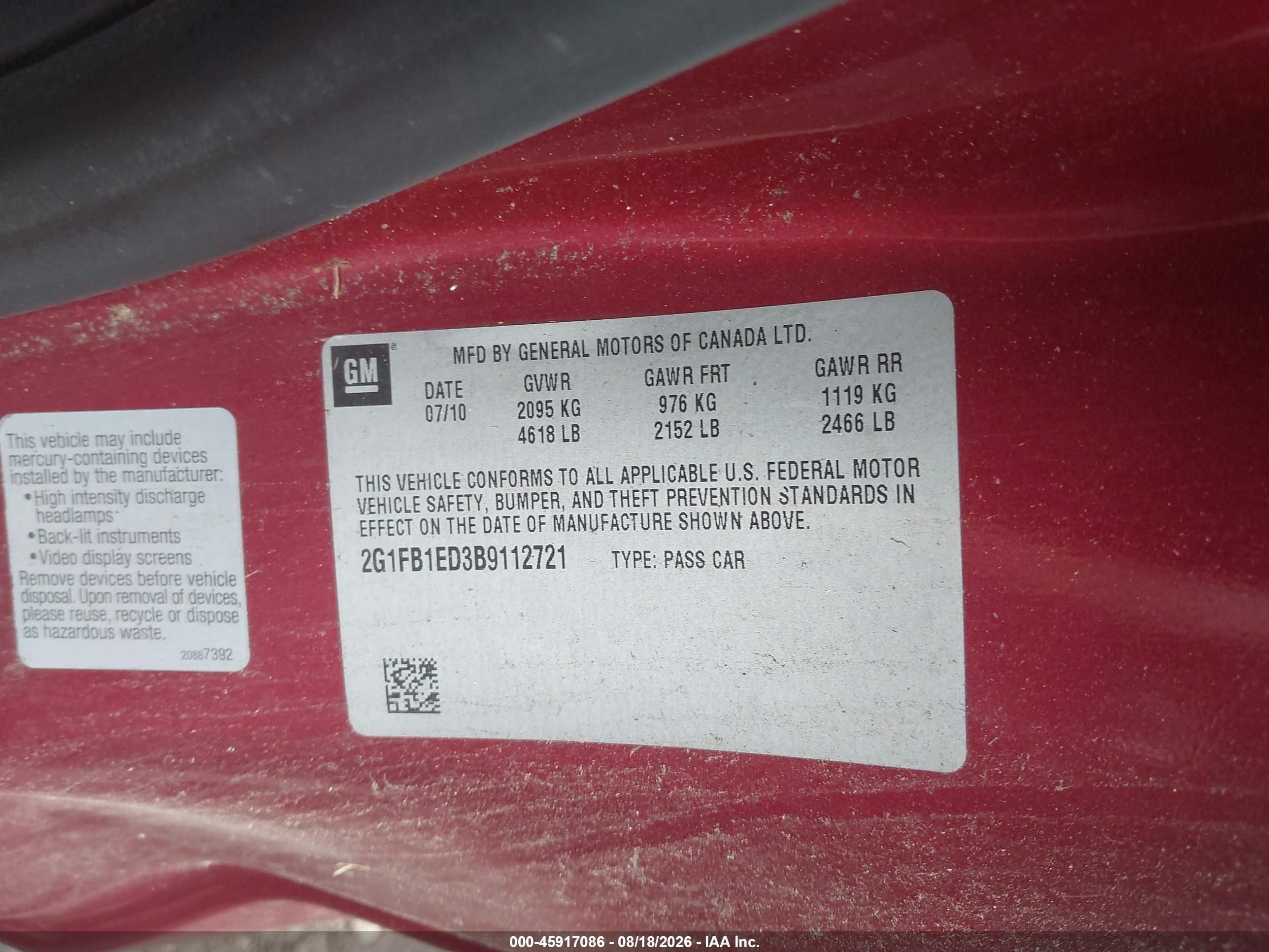 2011 Chevrolet Camaro 1lt Burgundy vin: 2G1FB1ED3B9112721