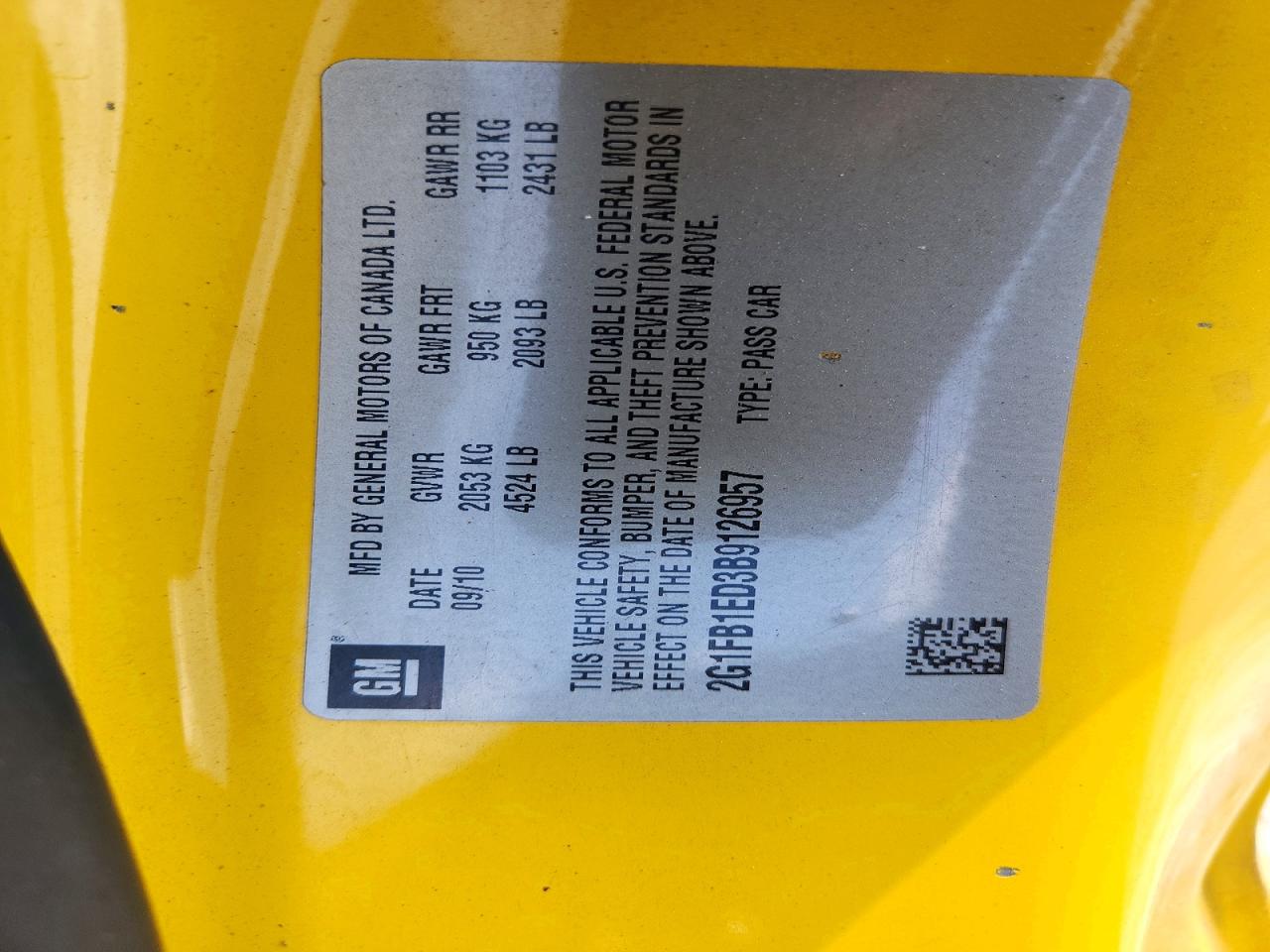 2011 Chevrolet Camaro Lt Yellow vin: 2G1FB1ED3B9126957