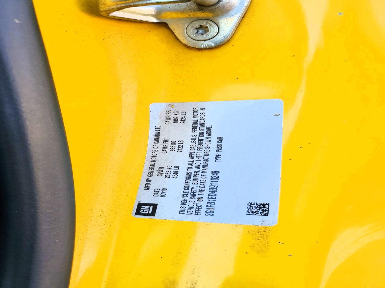 2011 Chevrolet Camaro Lt Yellow vin: 2G1FB1ED4B9110248