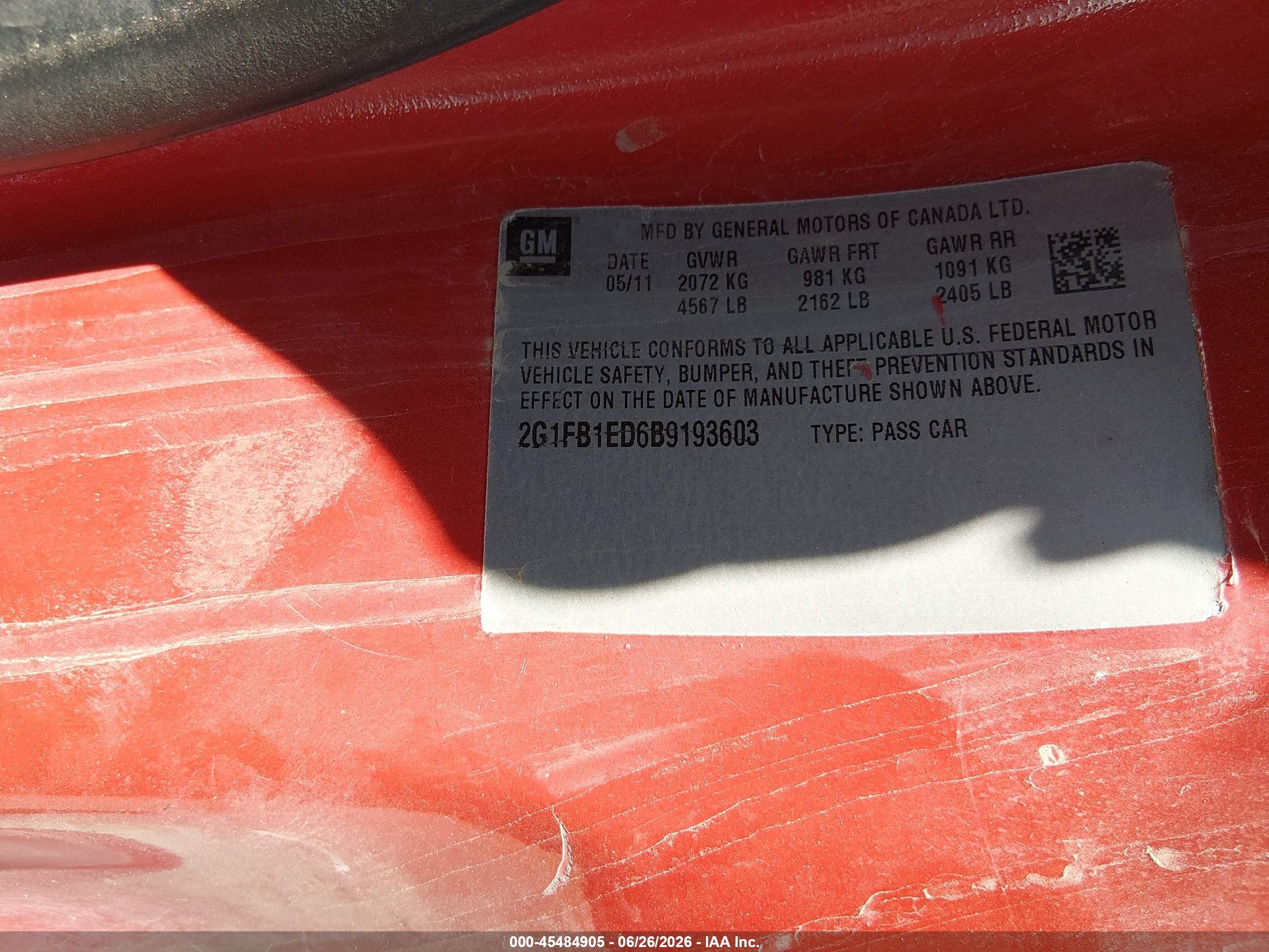 2011 Chevrolet Camaro 1lt Red vin: 2G1FB1ED6B9193603