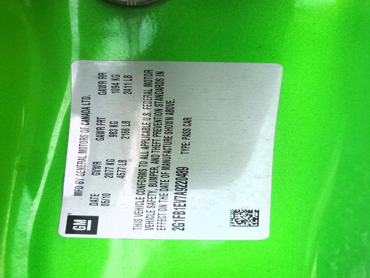 2010 Chevrolet Camaro Lt Green vin: 2G1FB1EV7A9220489