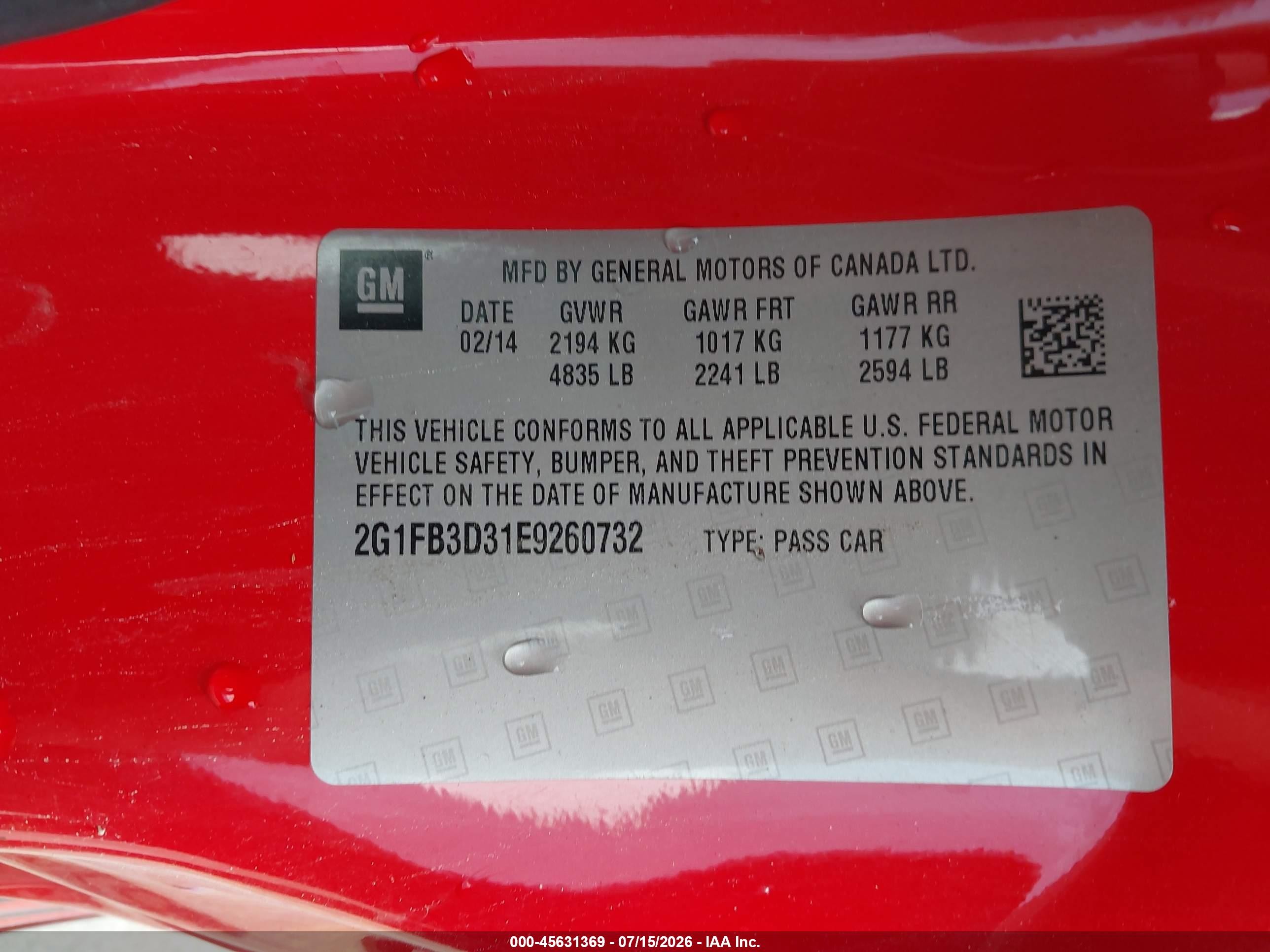 2014 Chevrolet Camaro 1lt Red vin: 2G1FB3D31E9260732