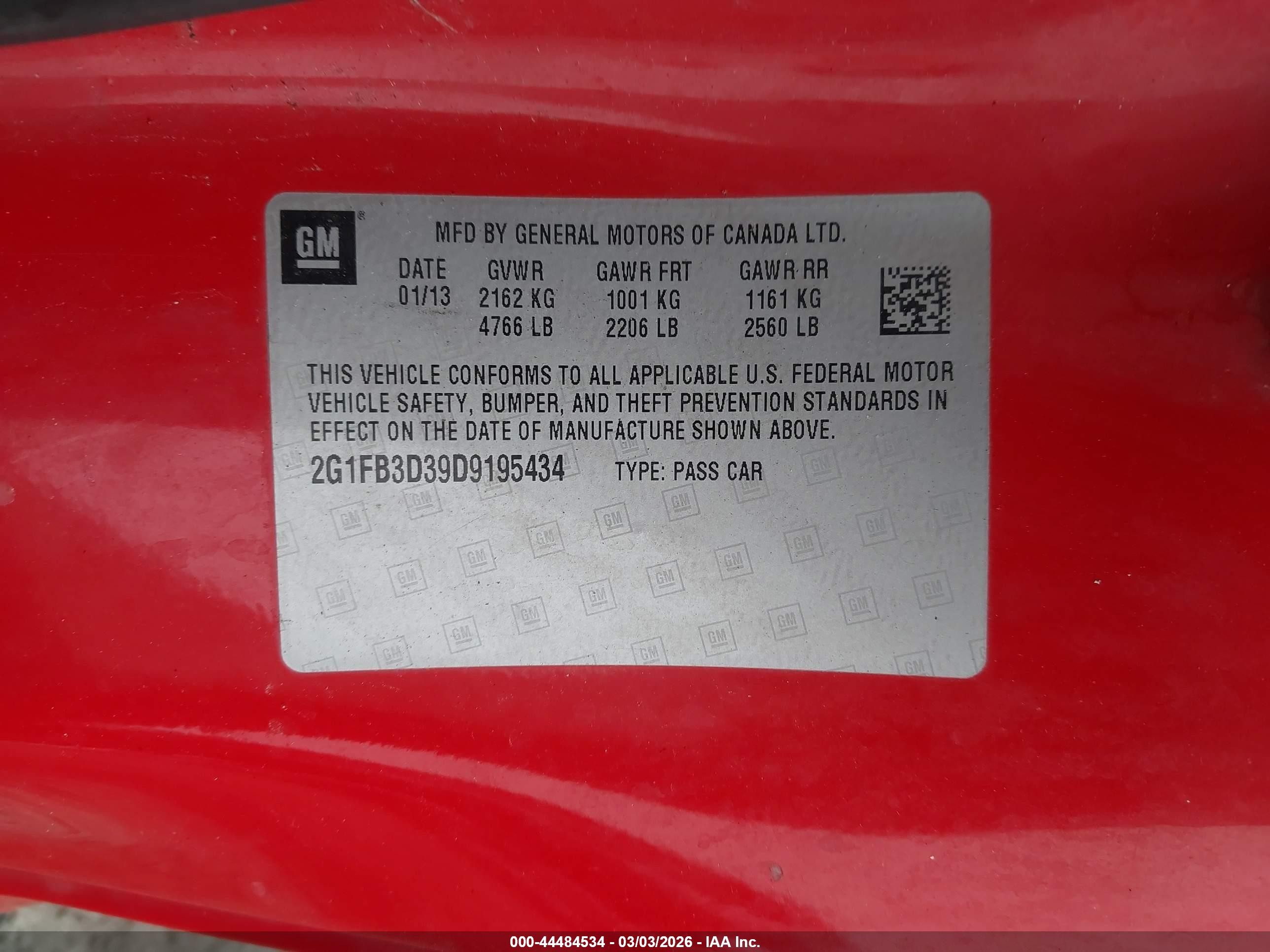2013 Chevrolet Camaro 1lt Red vin: 2G1FB3D39D9195434