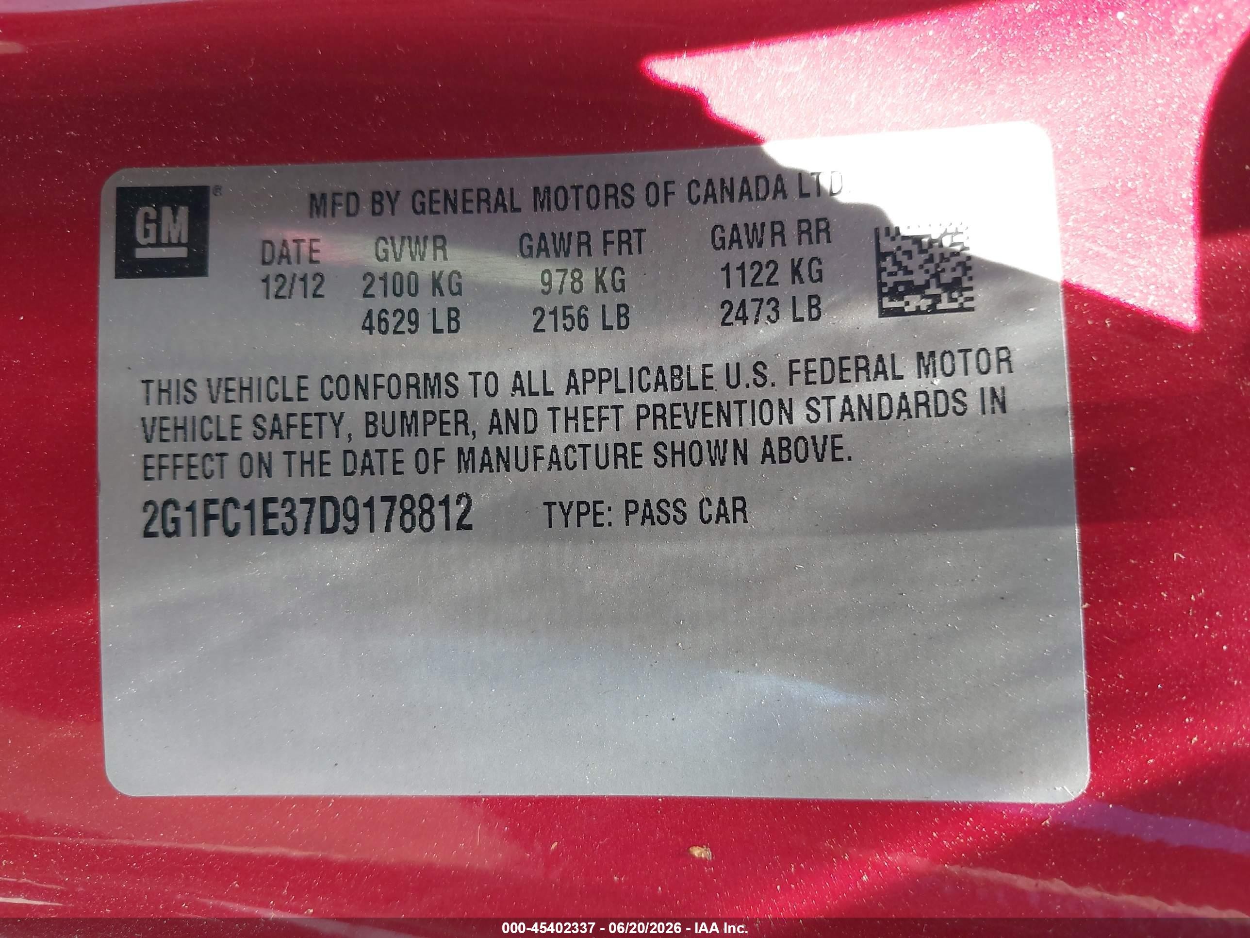 2013 Chevrolet Camaro 2lt Red vin: 2G1FC1E37D9178812