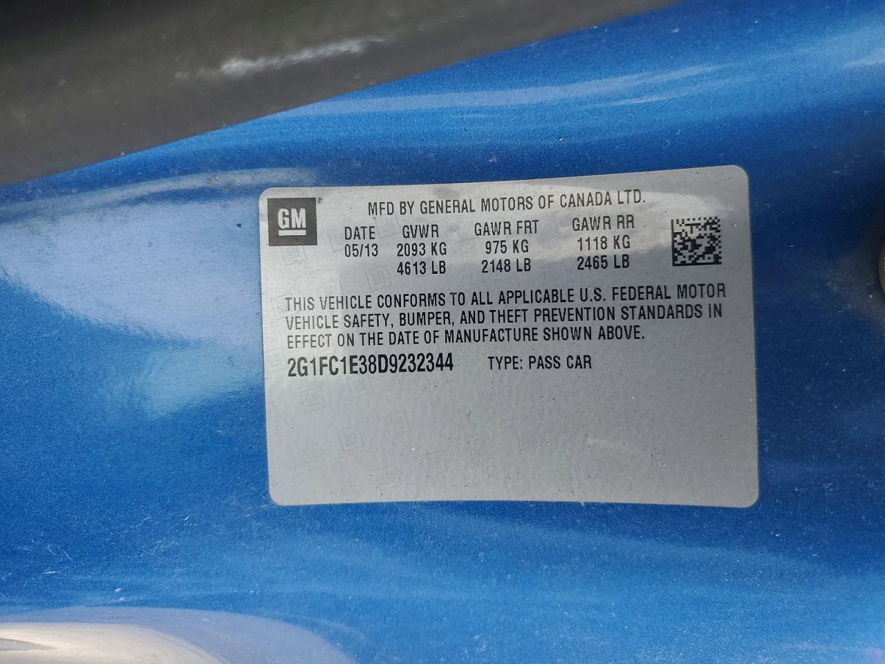 2013 Chevrolet Camaro Lt Blue vin: 2G1FC1E38D9232344