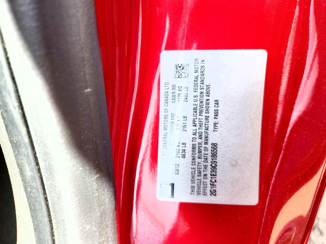 2012 Chevrolet Camaro Red vin: 2G1FC1E39C9186568