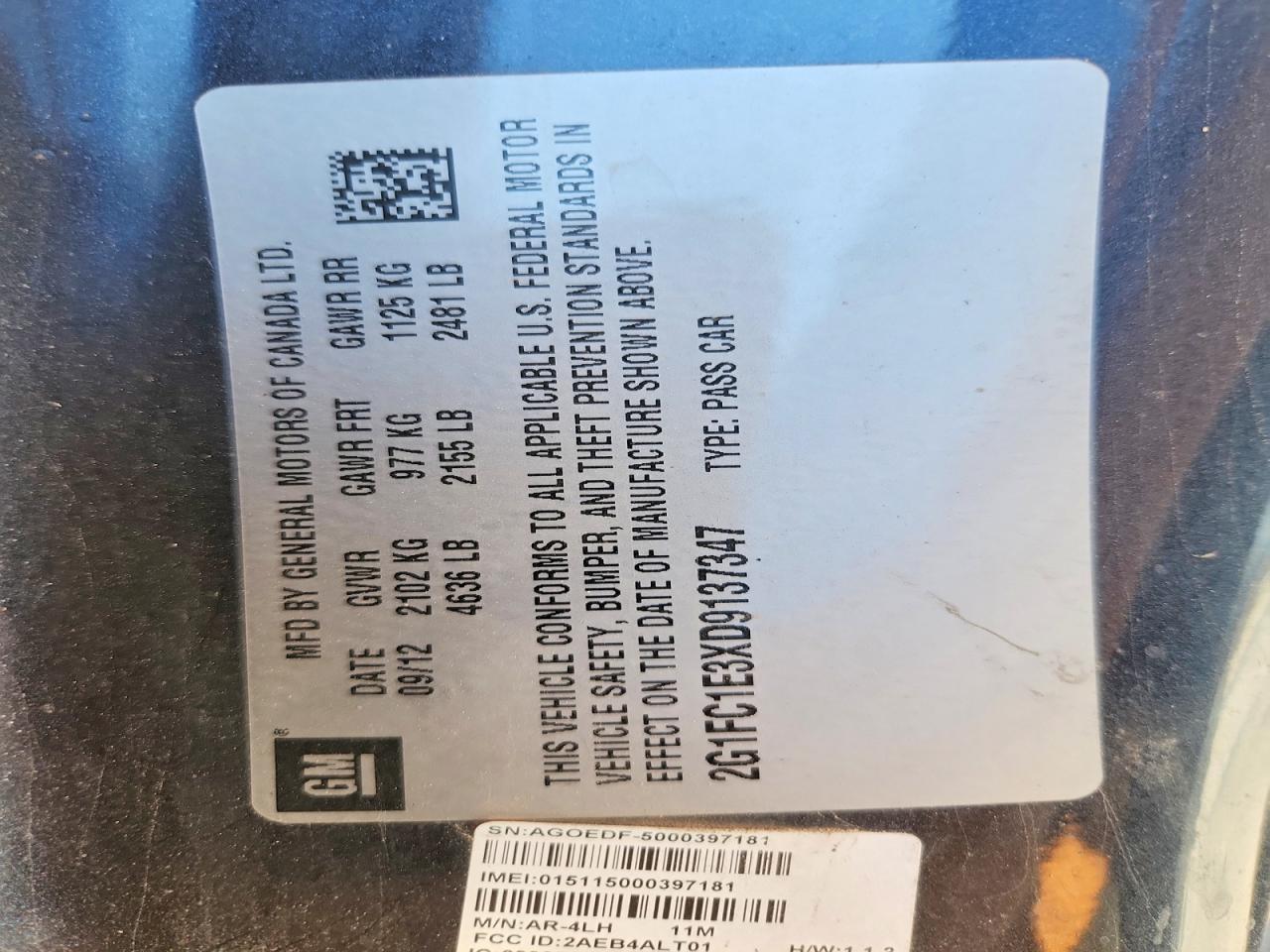 2013 Chevrolet Camaro Lt Blue vin: 2G1FC1E3XD9137347