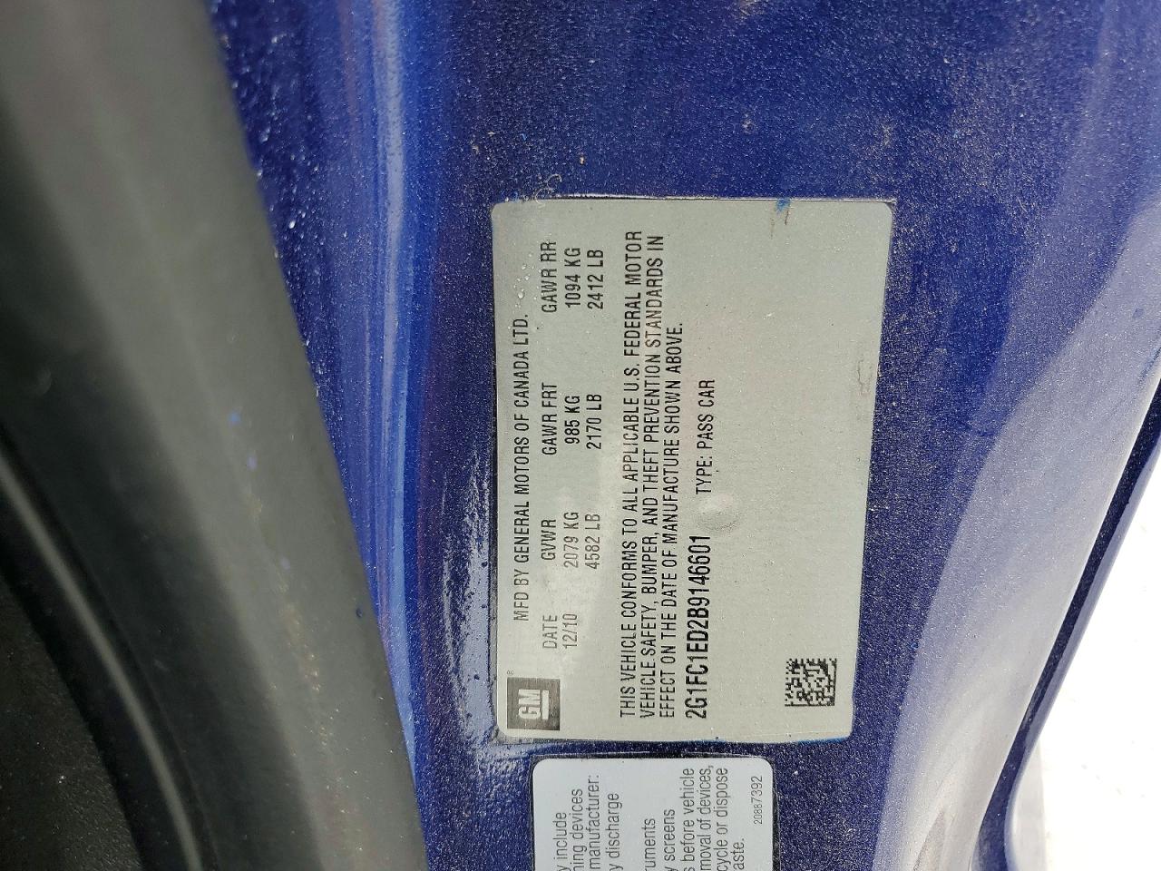 2011 Chevrolet Camaro Lt2 Blue vin: 2G1FC1ED2B9146601