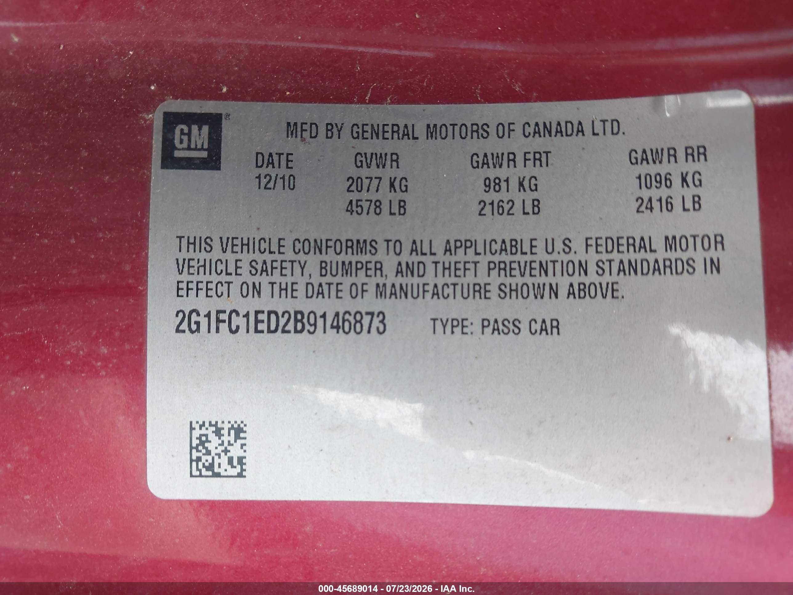2011 Chevrolet Camaro 2lt Red vin: 2G1FC1ED2B9146873