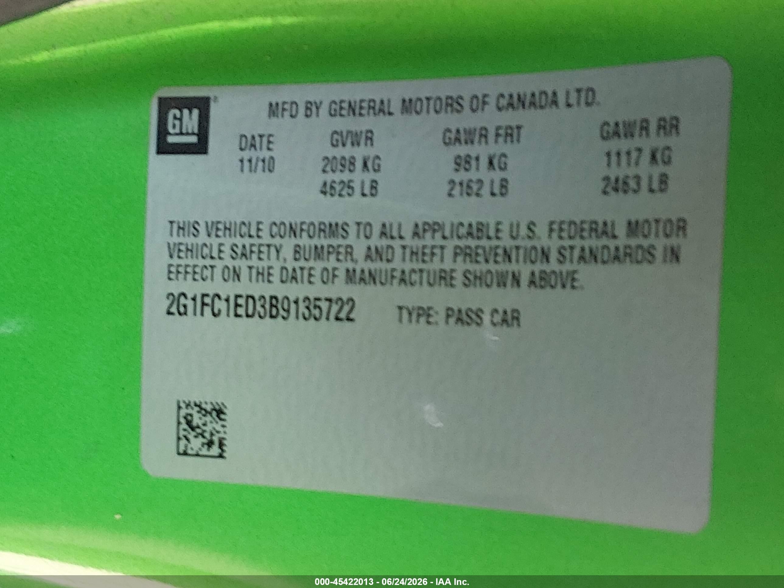 2011 Chevrolet Camaro 2lt Green vin: 2G1FC1ED3B9135722