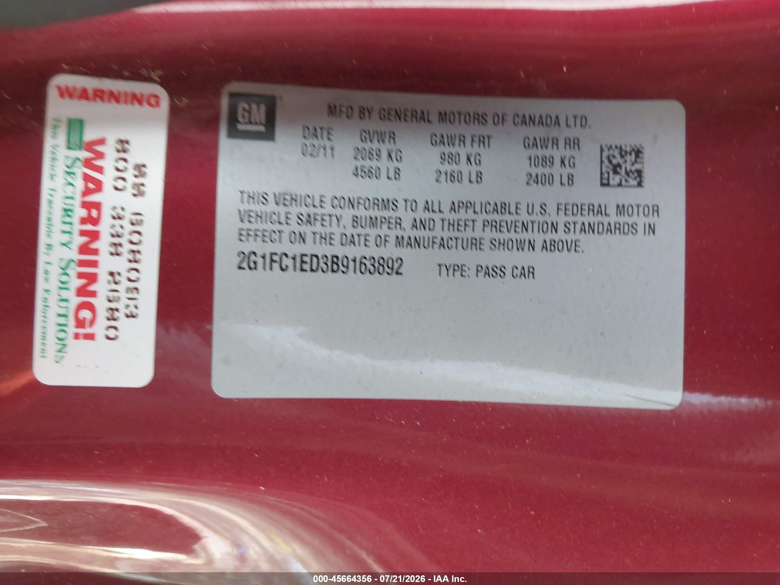 2011 Chevrolet Camaro 2lt Red vin: 2G1FC1ED3B9163892
