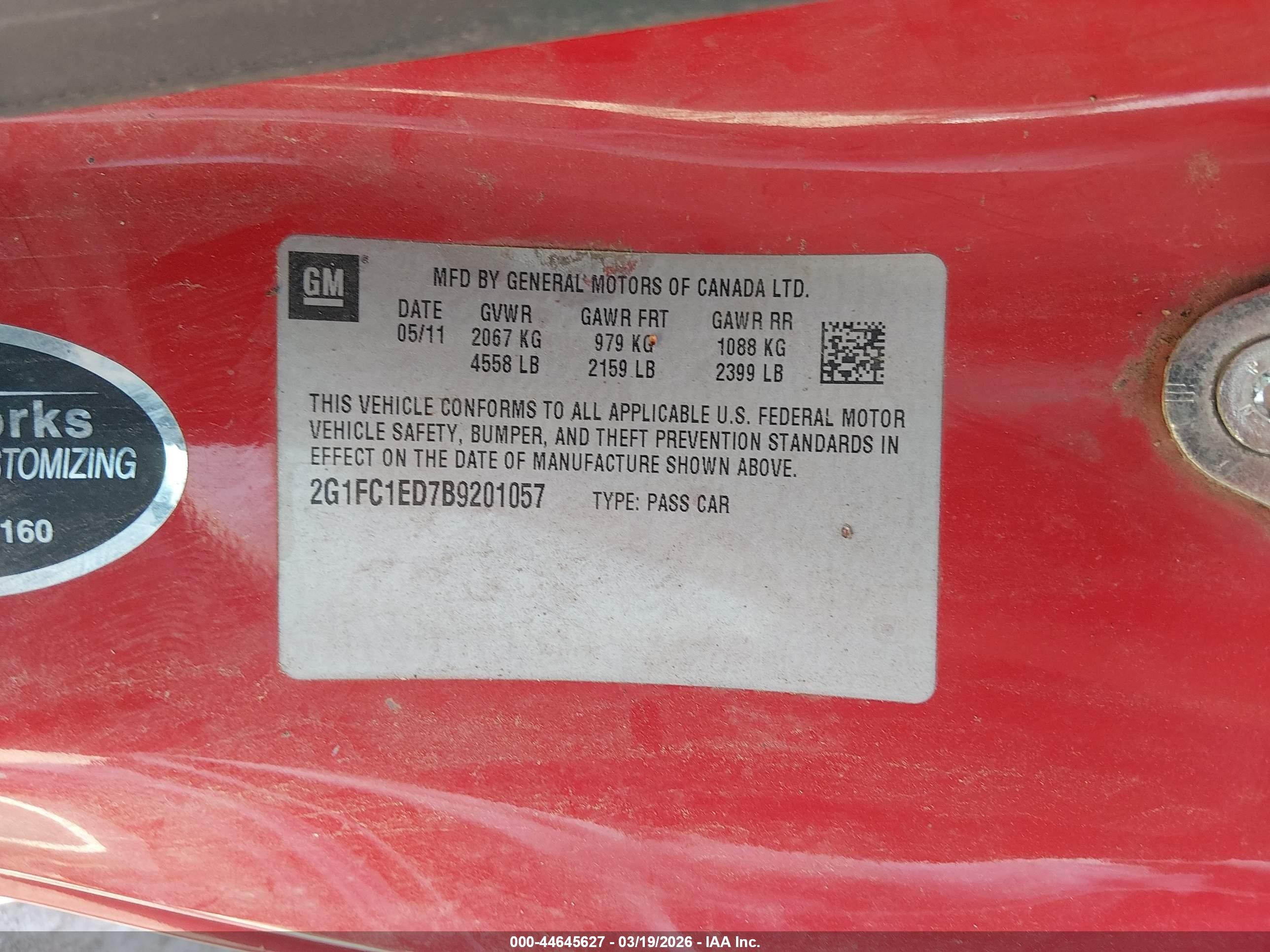 2011 Chevrolet Camaro 2lt Red vin: 2G1FC1ED7B9201057