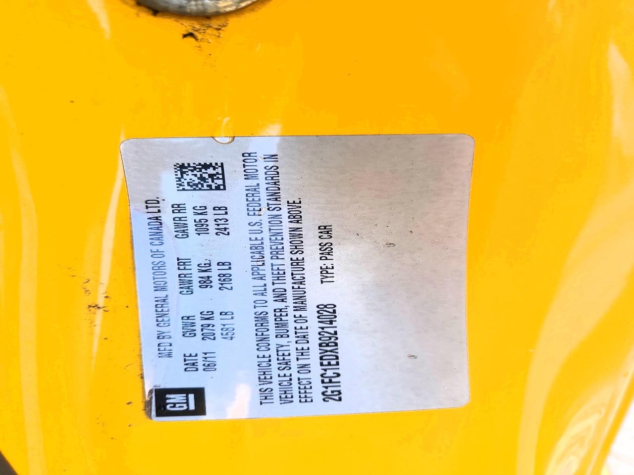 2011 Chevrolet Camaro Lt Yellow vin: 2G1FC1EDXB9214028