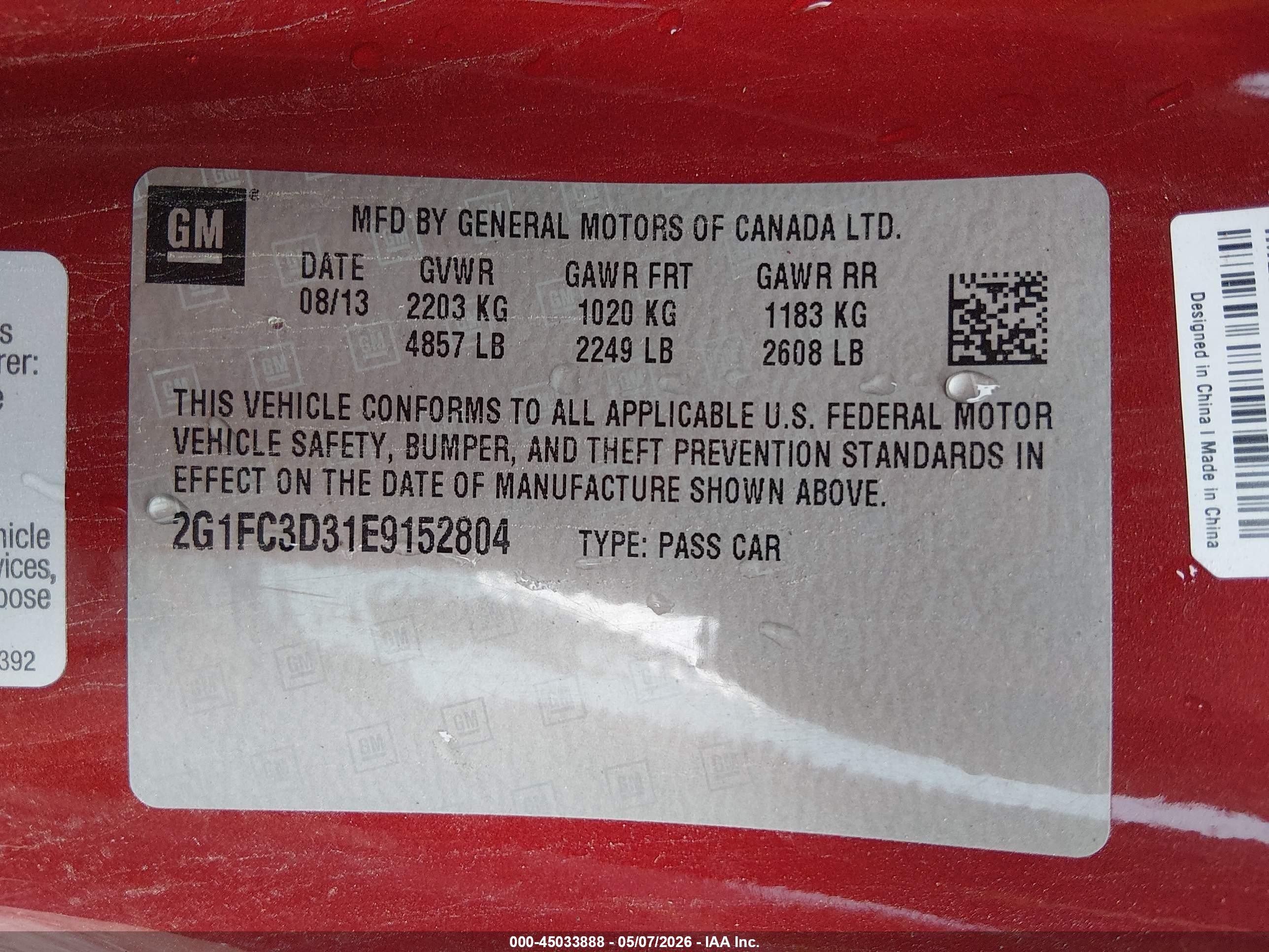 2014 Chevrolet Camaro 2lt Red vin: 2G1FC3D31E9152804
