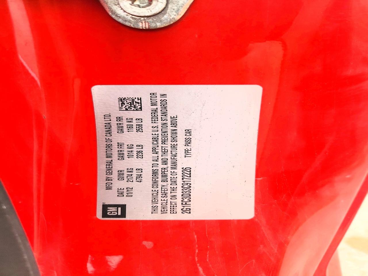 2012 Chevrolet Camaro Lt Red vin: 2G1FC3D33C9172226