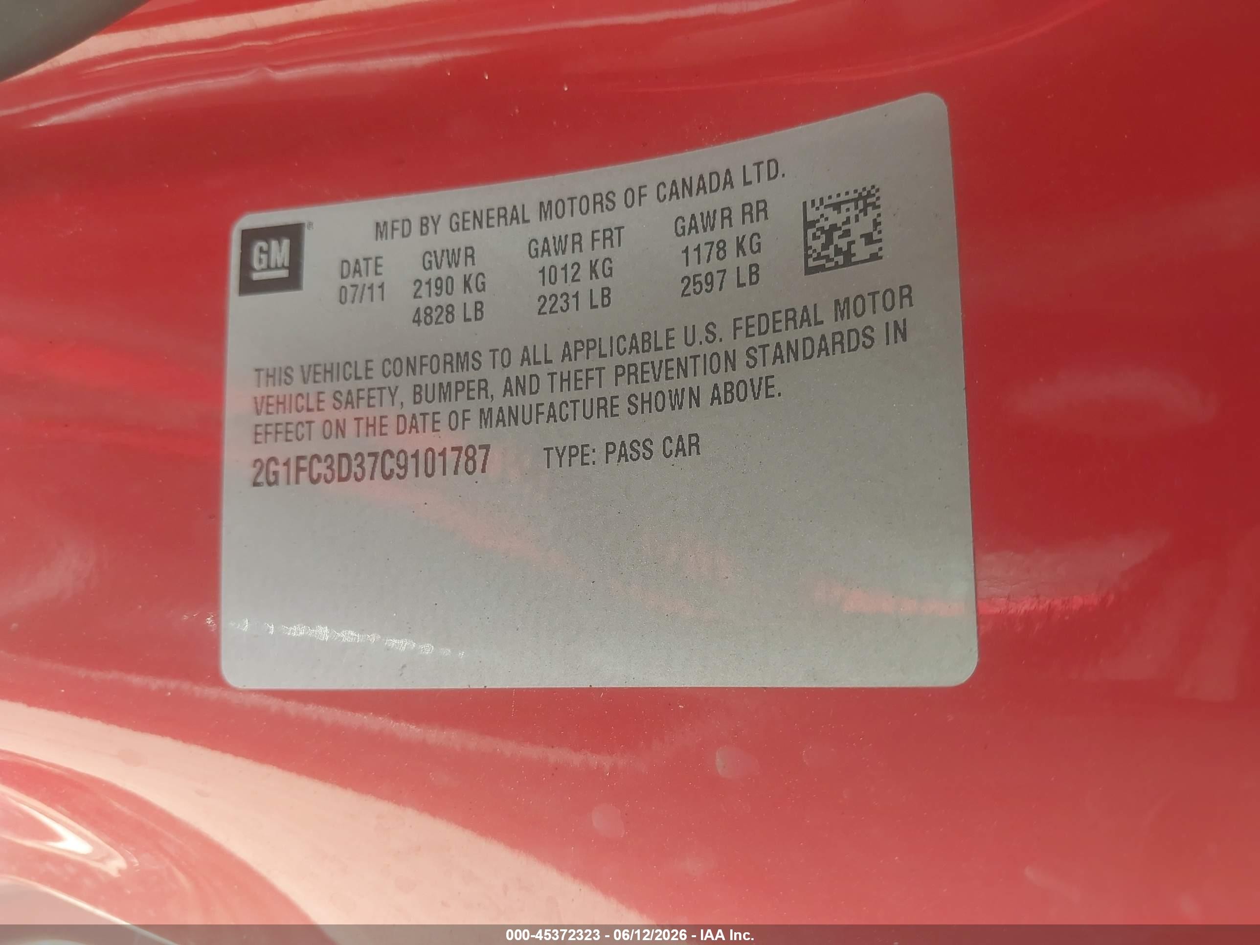 2012 Chevrolet Camaro 2lt Red vin: 2G1FC3D37C9101787