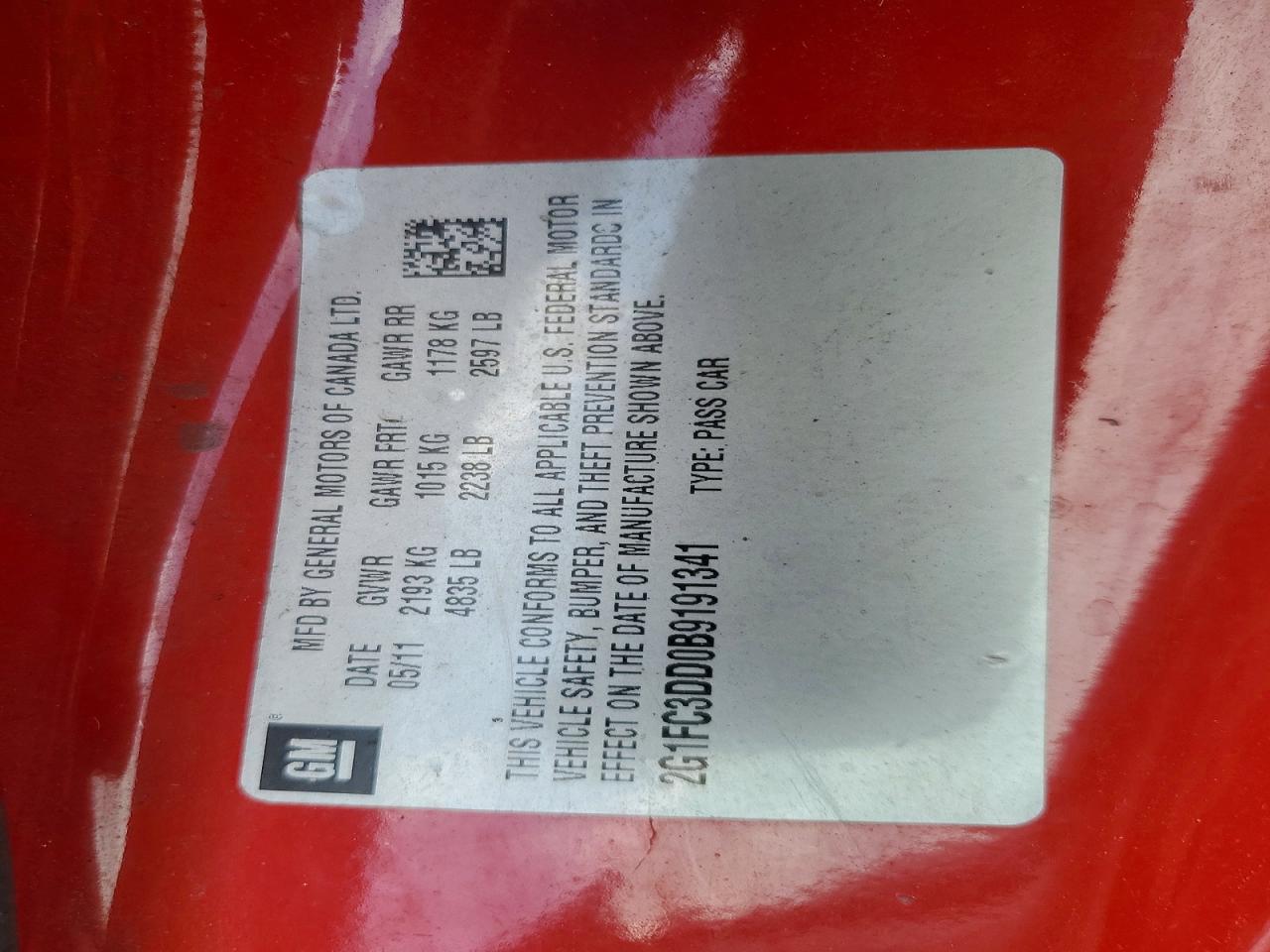 2011 Chevrolet Camaro Lt Red vin: 2G1FC3DD0B9191341