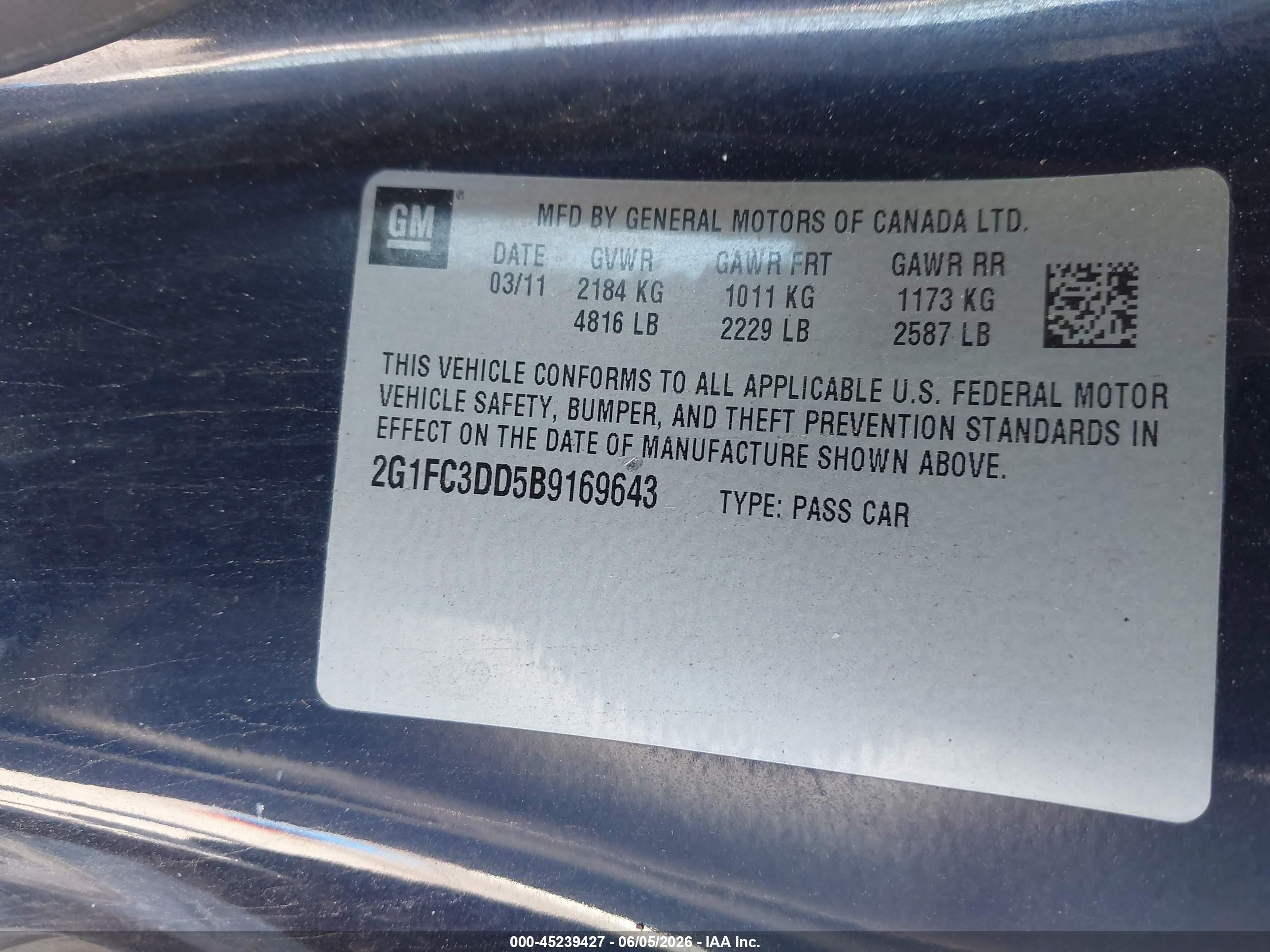 2011 Chevrolet Camaro 2lt Blue vin: 2G1FC3DD5B9169643