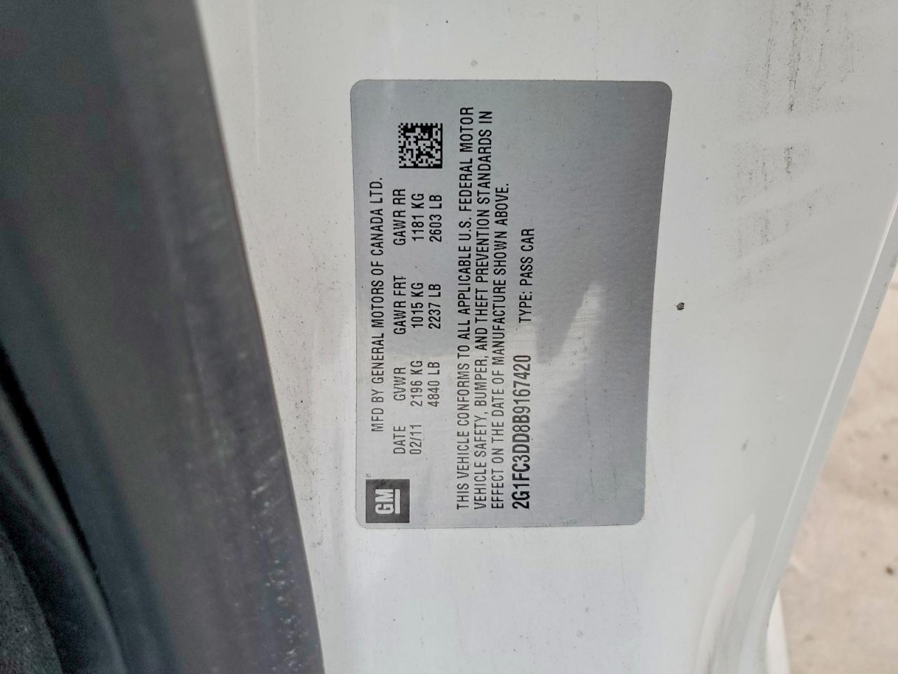 2011 Chevrolet Camaro Lt White vin: 2G1FC3DD8B9167420