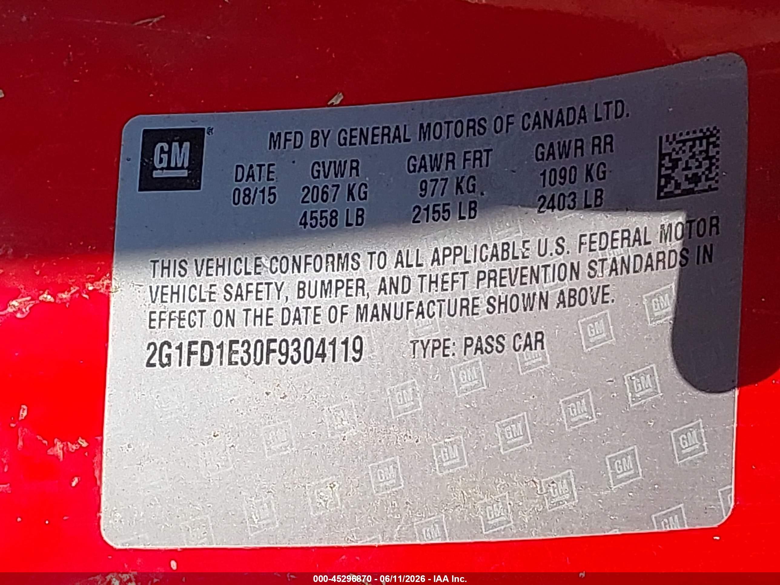 2015 Chevrolet Camaro 1lt Red vin: 2G1FD1E30F9304119