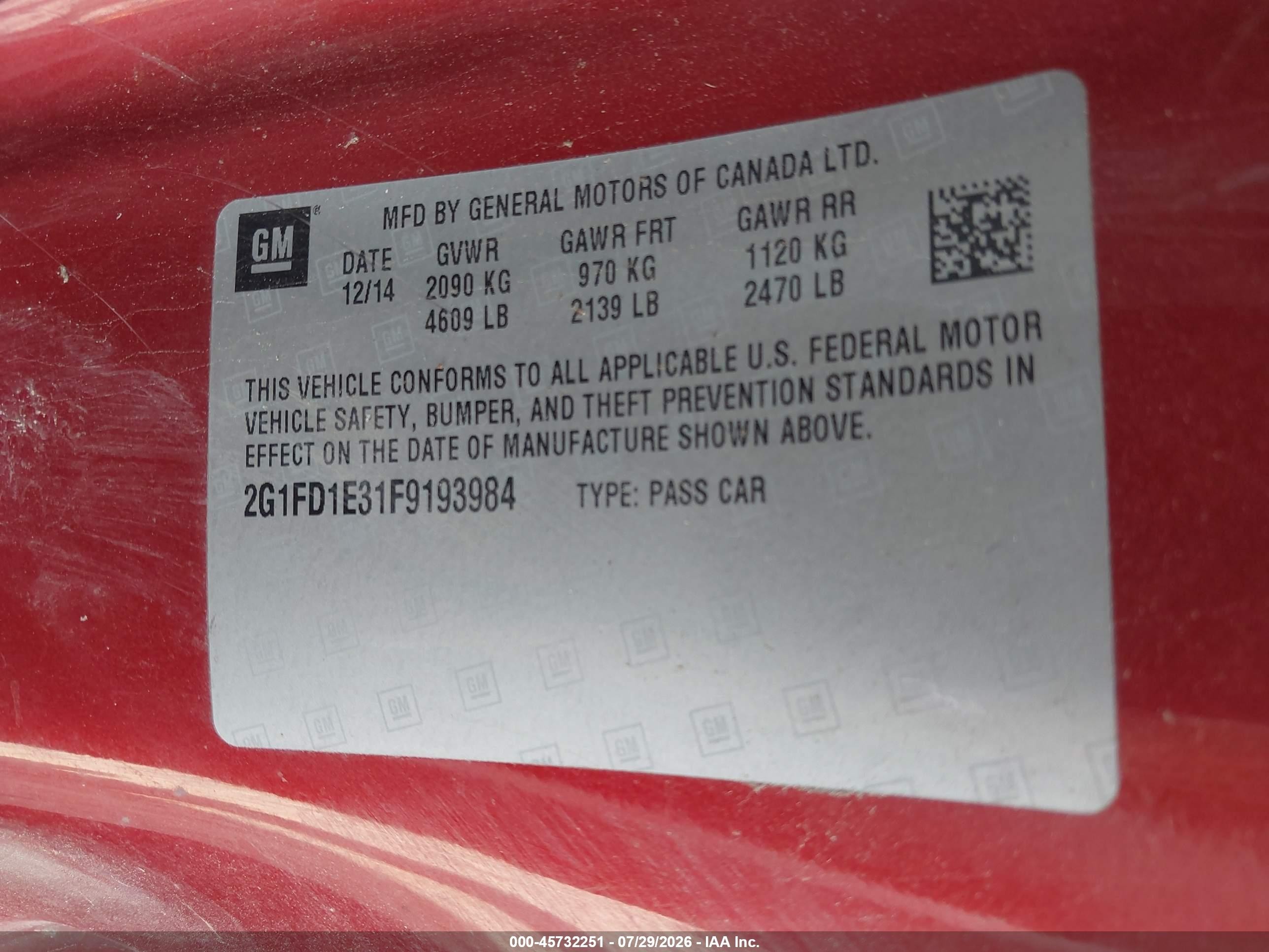 2015 Chevrolet Camaro 1lt Red vin: 2G1FD1E31F9193984