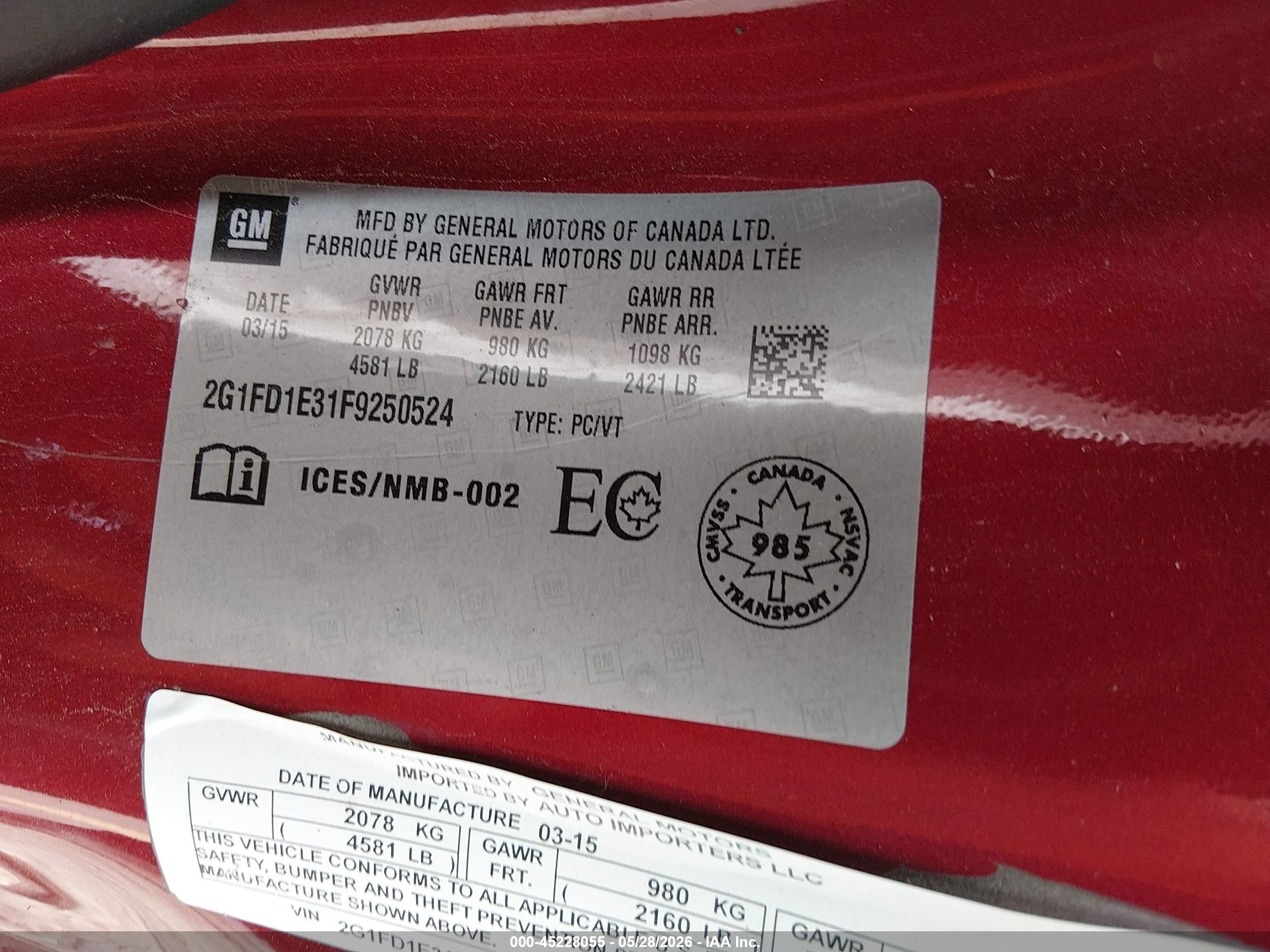 2015 Chevrolet Camaro 1lt Red vin: 2G1FD1E31F9250524