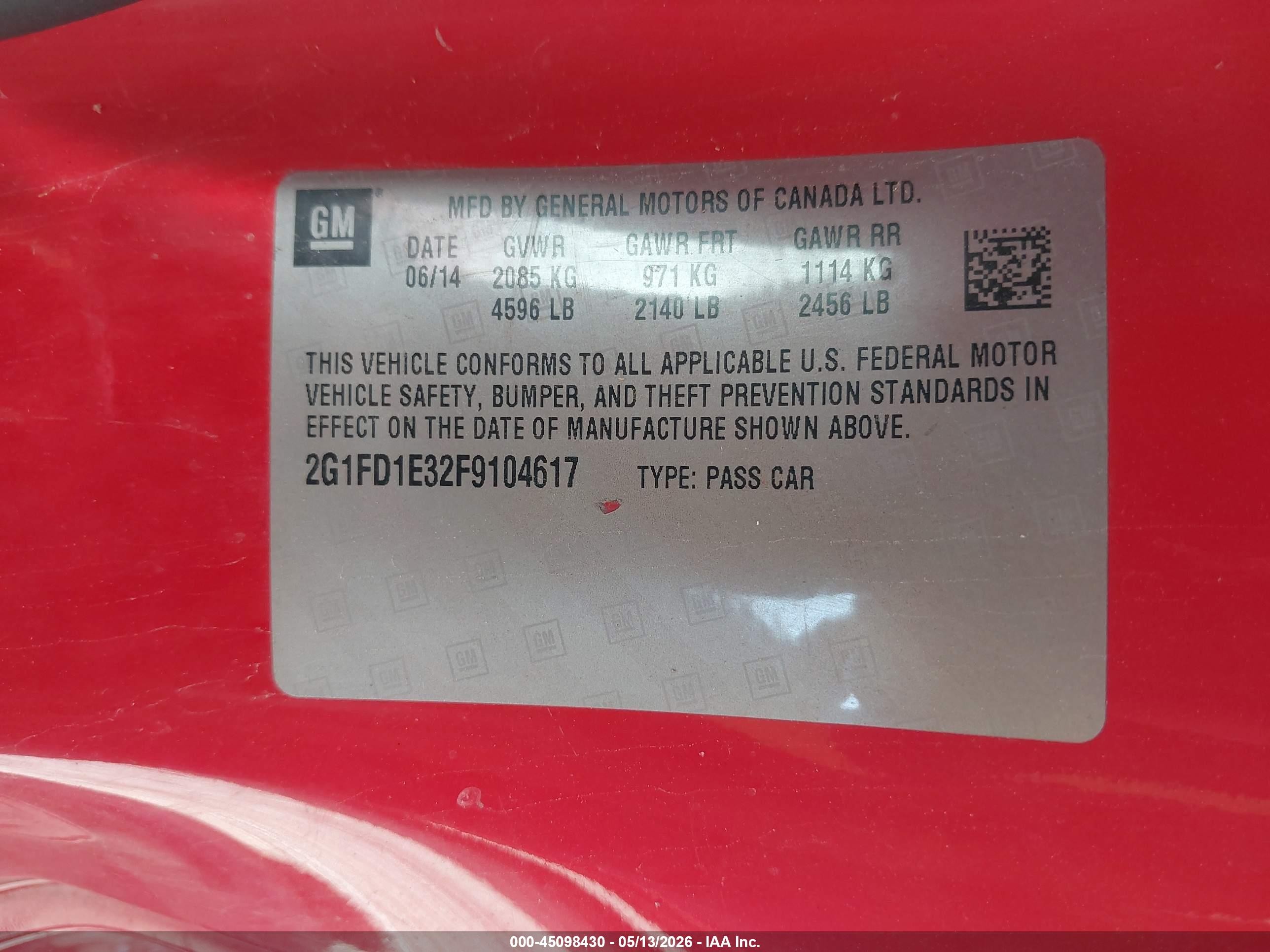 2015 Chevrolet Camaro 1lt Red vin: 2G1FD1E32F9104617
