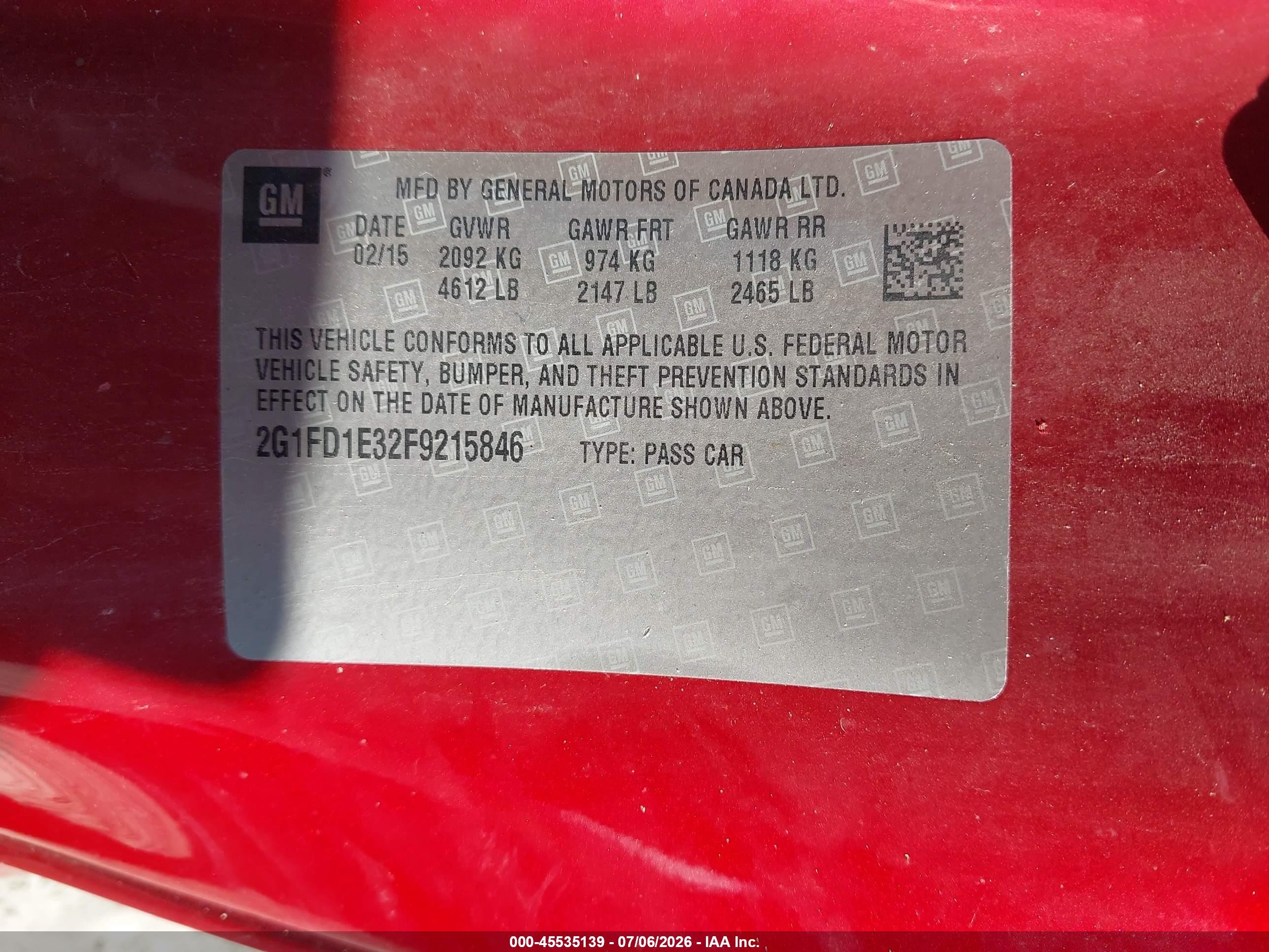2015 Chevrolet Camaro 1lt Red vin: 2G1FD1E32F9215846
